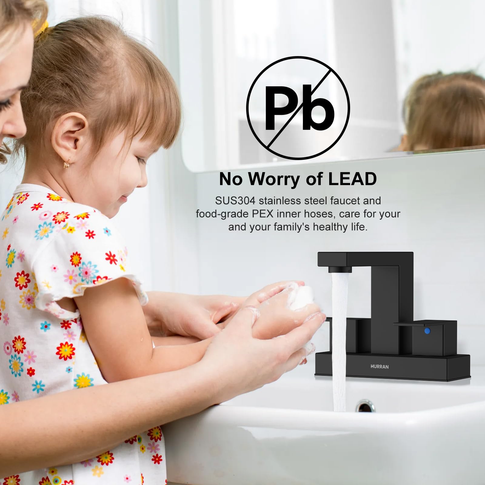 Hurran Rubinetto per lavabo da bagno, nero opaco, rubinetti da bagno da 10,2 cm per lavello a 3 fori con scarico pop-up e linee di alimentazione, rubinetto a 2 maniglie in acciaio inossidabile per