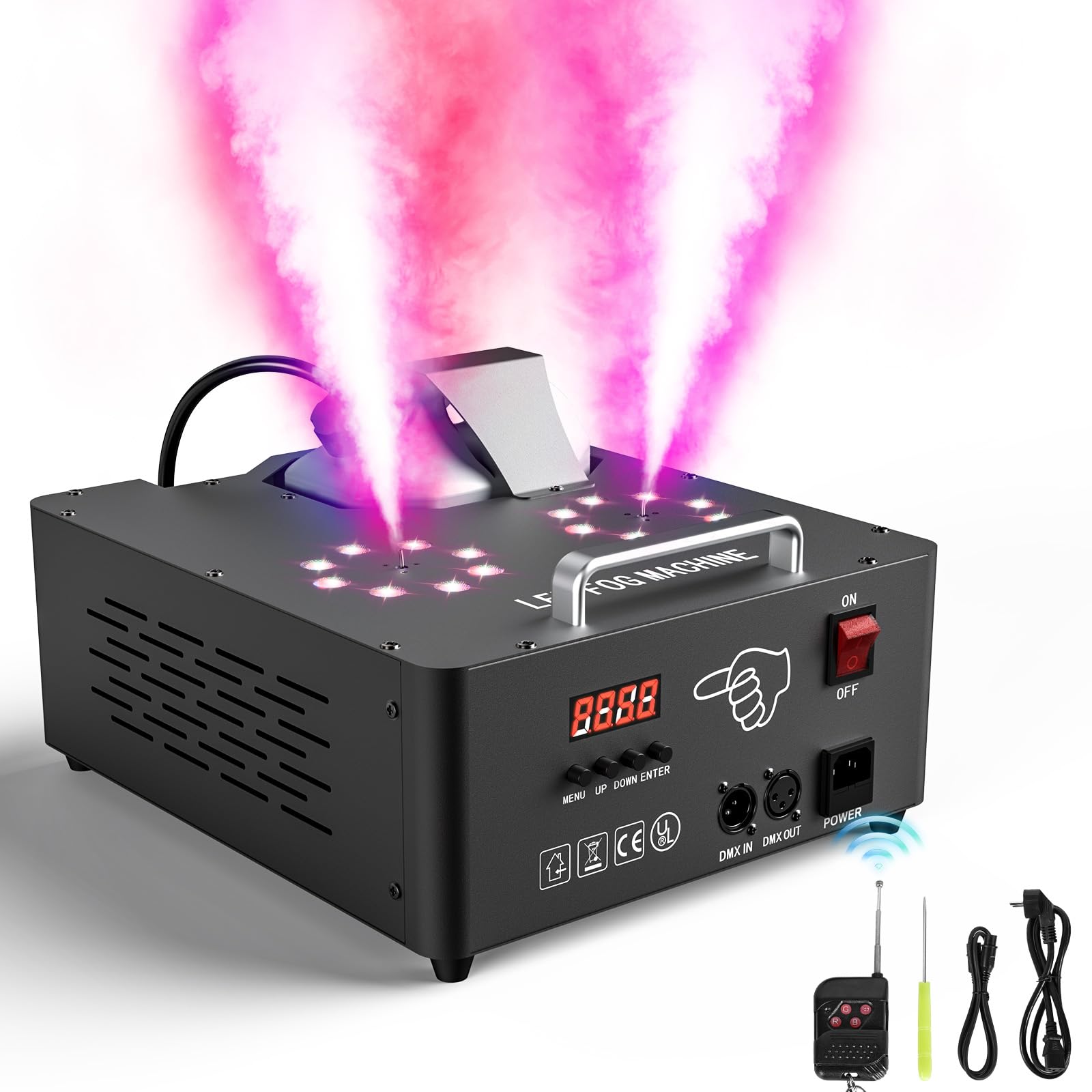 Fog Machine with Lights 2000W, 30000CFM Vertical Smoke Machine 16 Colorful LED Lights, DMX & Manual Control, Smoke Machine for Party Halloween Christmas DJ Disco Outdoors (Black, 1)