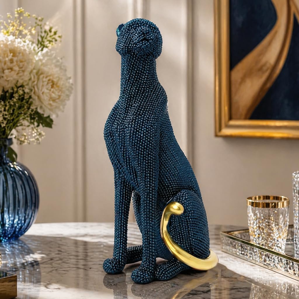 Cheetah Statue Home Decor, Leopard Figurine with Beaded Texture, Modern Panther Sculpture for Living Room Office Bookshelf, Gold Silver Blue Black Decorative Ornament Gift（Bule）