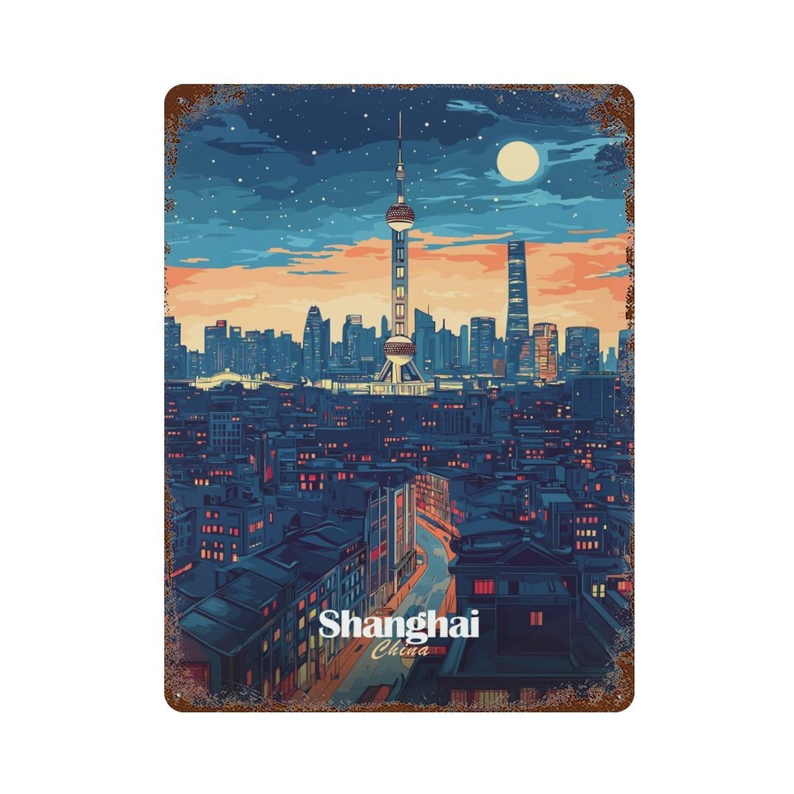 Garage Style Shanghai Skyline Night Aged Metal Wall Plaque 15.7"x11.8", Farmhouse Wall Decor for Bar And Workshop