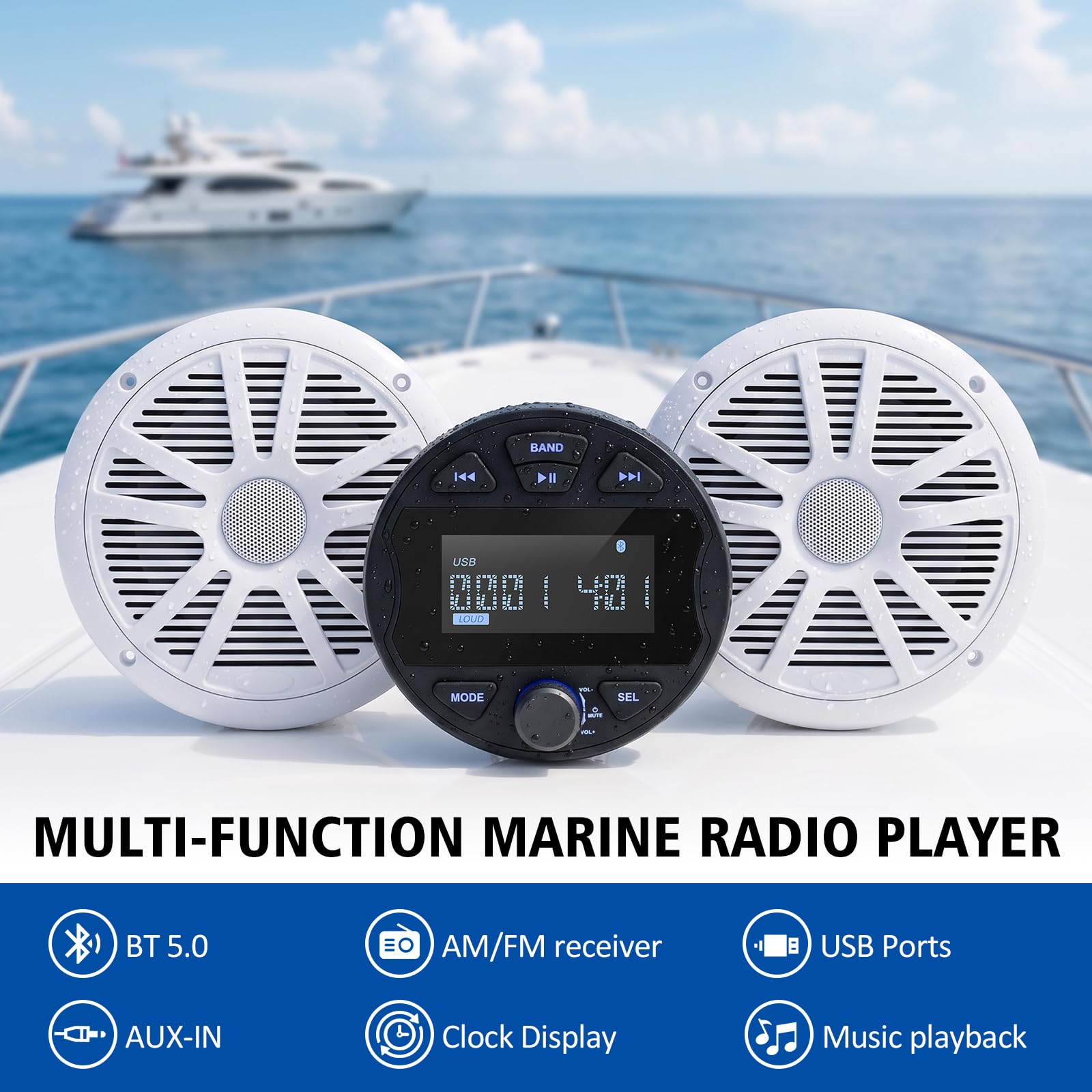 Récepteur Stéréo Marin MP3 Equipement Bateau étanche avec 2 Haut Parleurs