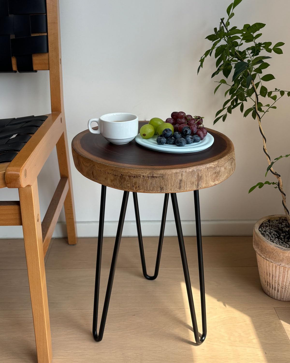 Live Edge Side Table, 13” Dia x 17”h Natural Edge Camphor Small Round Wood End Table for Living Room, Unique Desktop with Metal Hairpin Legs, Natural Wood Nightstand, Plant Stand