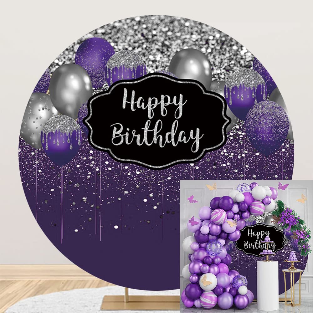 Telón de fondo redondo de 6.5 x 6.5 pies, color morado, con lentejuelas Bokeh, globos de lentejuelas circulares, fondo de fotografía para adultos y mujeres, 30, 40, 50, 60 cumpleaños, fiesta,