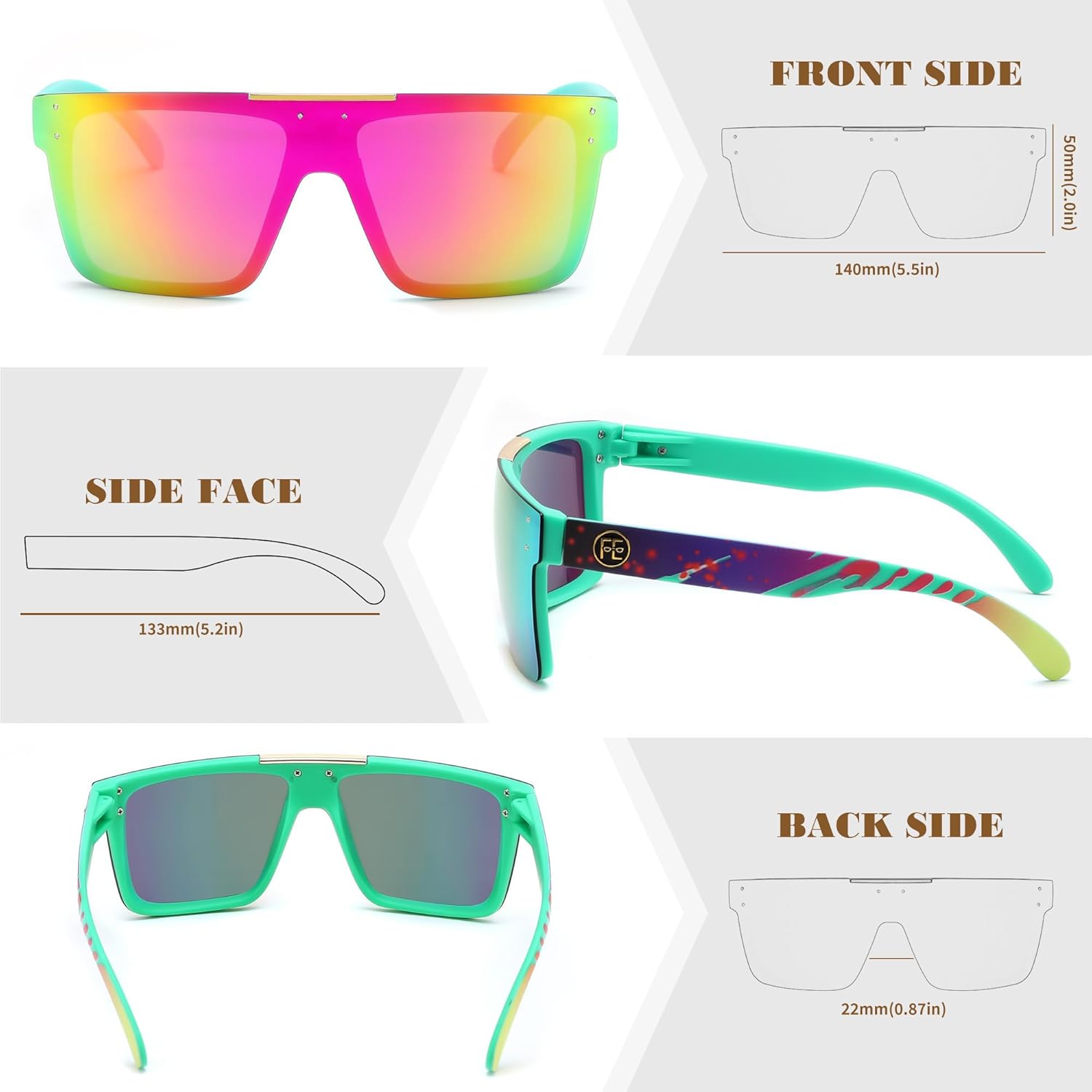 FEISEDY Polarized Sunglasses for Men, Oversized Square Flat Mirrored Z87 Lens, Fishing Driving Golf Outdoors Coastal B2990 - Image 6