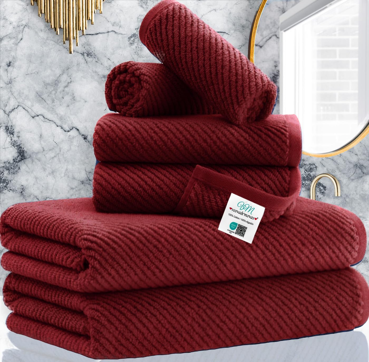 VOOVA & MOVAS Set di asciugamani bordeaux, 100% cotone, leggeri, morbidi, ad asciugatura rapida, set di 6 asciugamani, 2 grandi da bagno 76,2 x 142,2 cm, 2 mani 45,7 x 71,1 cm, 2 asciugamani 33 x 33