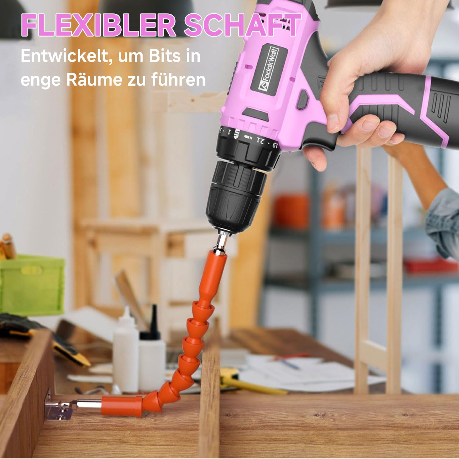 FADAKWALT Visseuse Devisseuse Sans Fil 12V, Perceuse Visseuse Sans Fil avec Batterie, 50 Pièces, 21+1 Réglages de Couple, 19 Nm, Lumières LED, Adaptée aux Travaux Domestiques, Rose