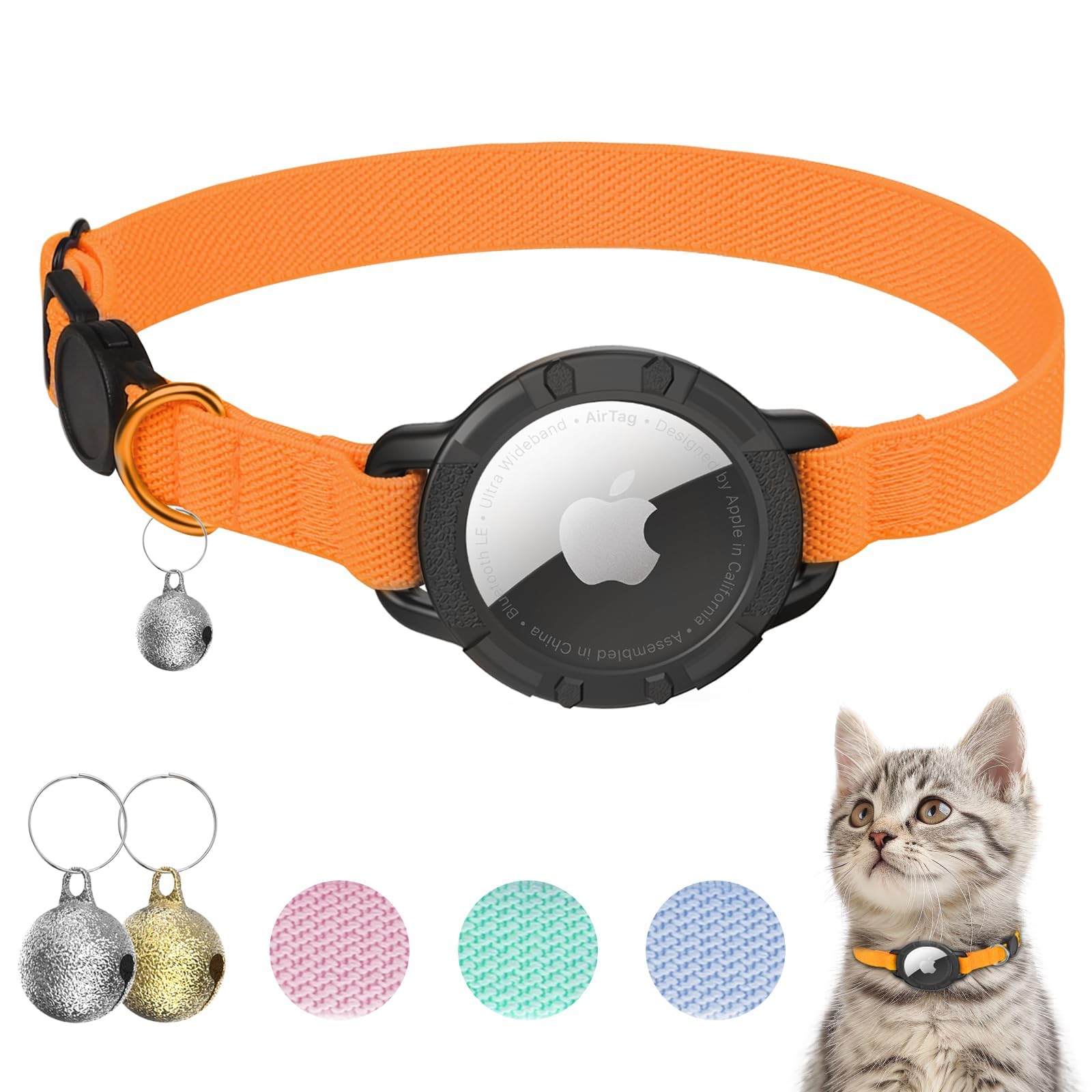 AirTag Cat Collar, Stretchy Kitten Collar with Apple Air Tag Holder and Bell