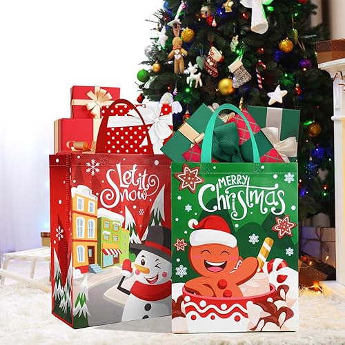 Miniatura 2 de Paquete de 12 bolsas grandes de Navidad con asas, bolsa de regalo reutilizable, no tejida, bolsas de compras para suministros de fiesta de Navidad