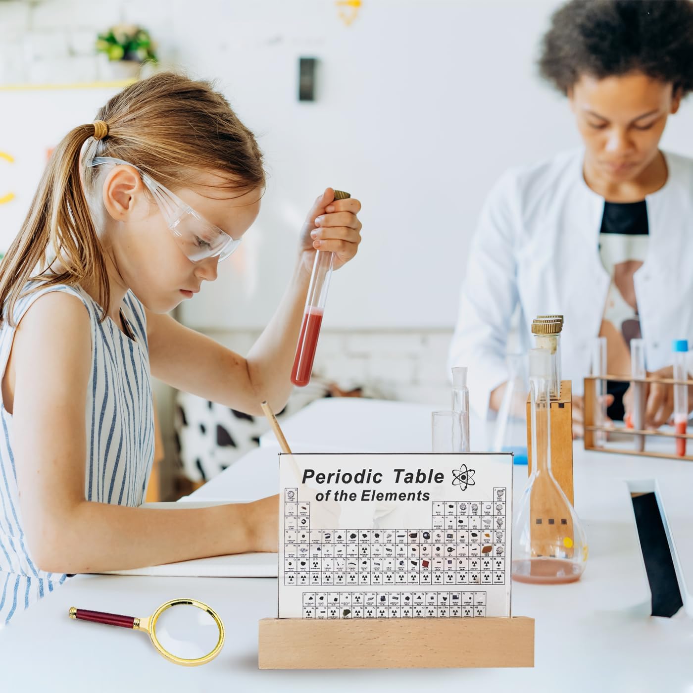 Large Periodic Table with 83 Real Elements Inside, Acrylic Periodic Table of Chemical Elements with Wooden Stand and Magnifying Glass, Periodic Tables Display with Elements for Teacher Students