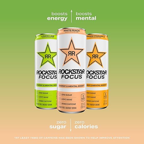 Miniatura 5 de Rockstar Focus Energy Drink, melocotón blanco, melena de león, cero azúcar, cero calorías, latas de 12 onzas, (paquete de 12), 200 mg de cafeína,
