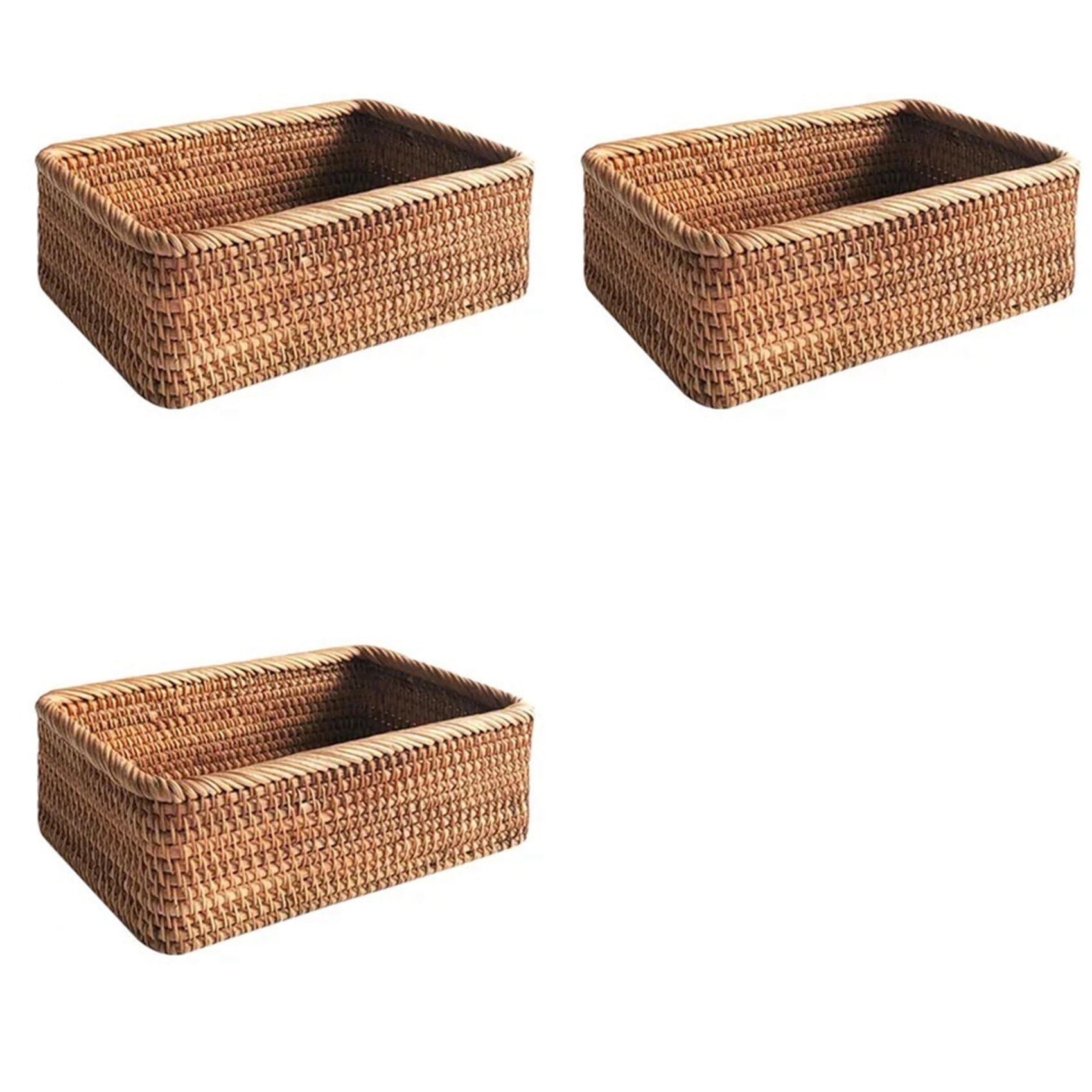 Hndhbfgrt 3X Hand-Woven Wicker Basket Fruit, Tea and Bread Basket Rectangular Storage Box for Cosmetics