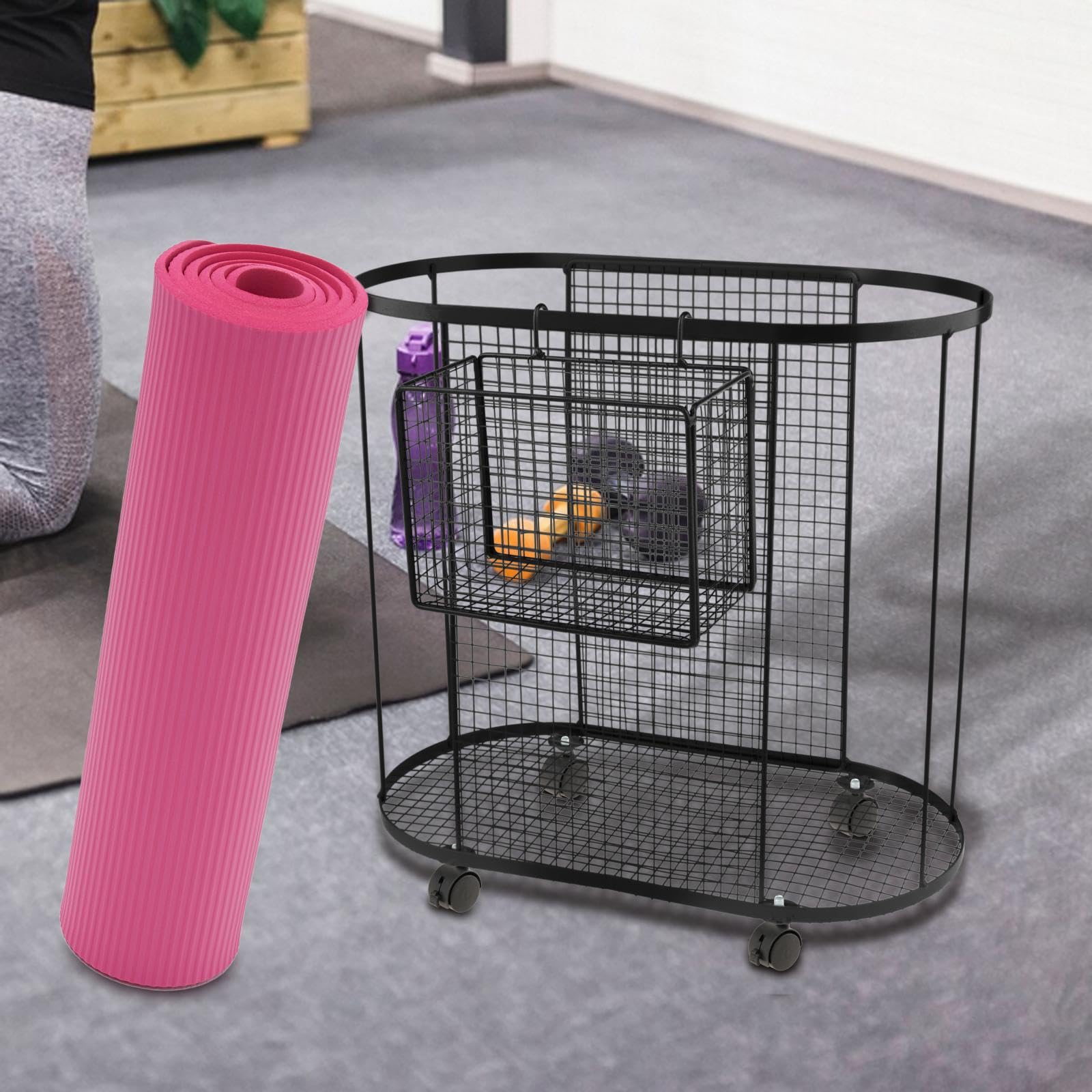Organisateur D'Équipement de Fitness Rangement pour Haltères et Tapis de Panier Mobile en Fer Conçu pour Les Salles de Sport et Domiciles, Noir