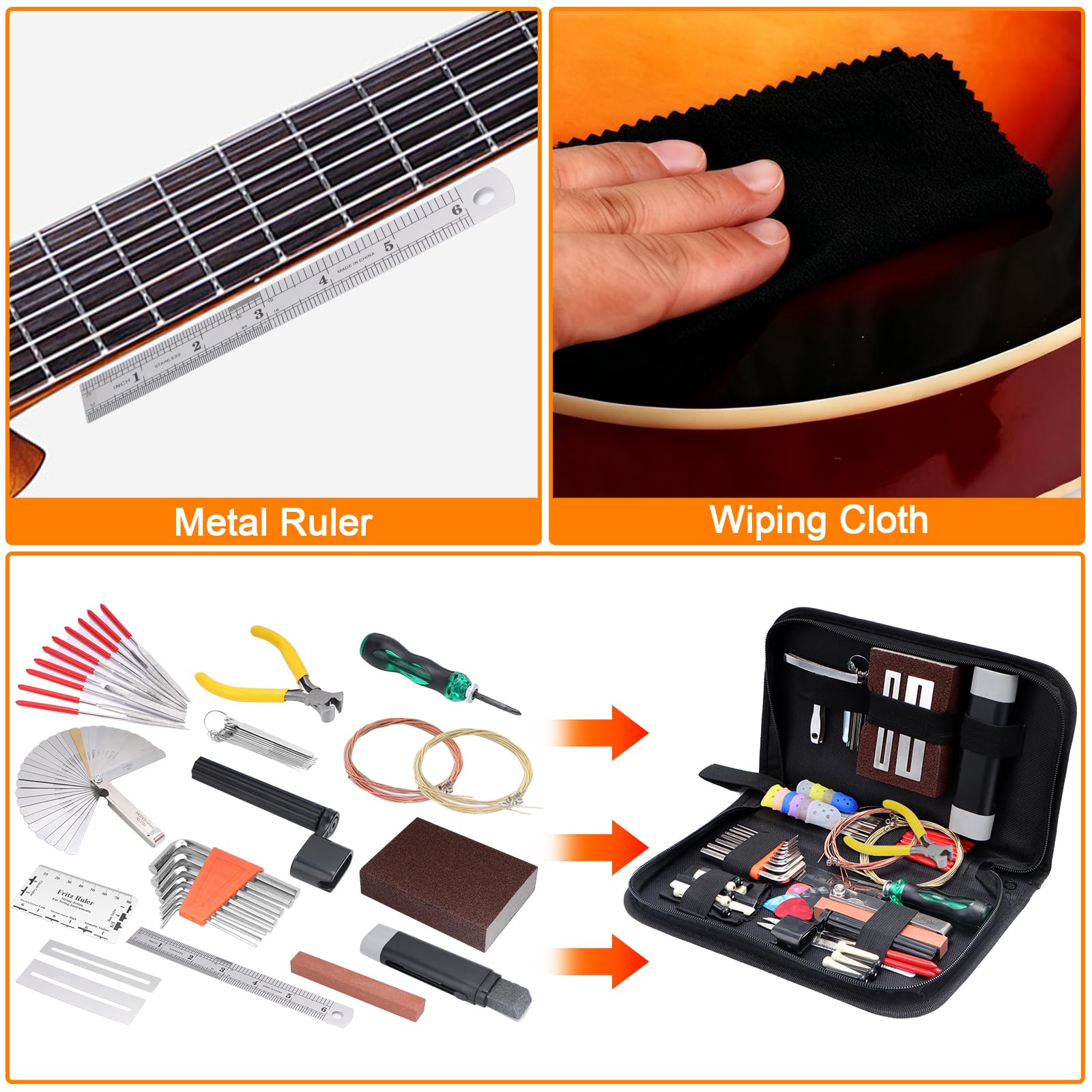 Kit de 132 outils d'entretien de guitare, kit d'outils de réparation de guitare avec sac de transport, accessoires de nettoyage pour ukulélé, basse, mandoline, banjo, cadeau parfait pour les amateurs