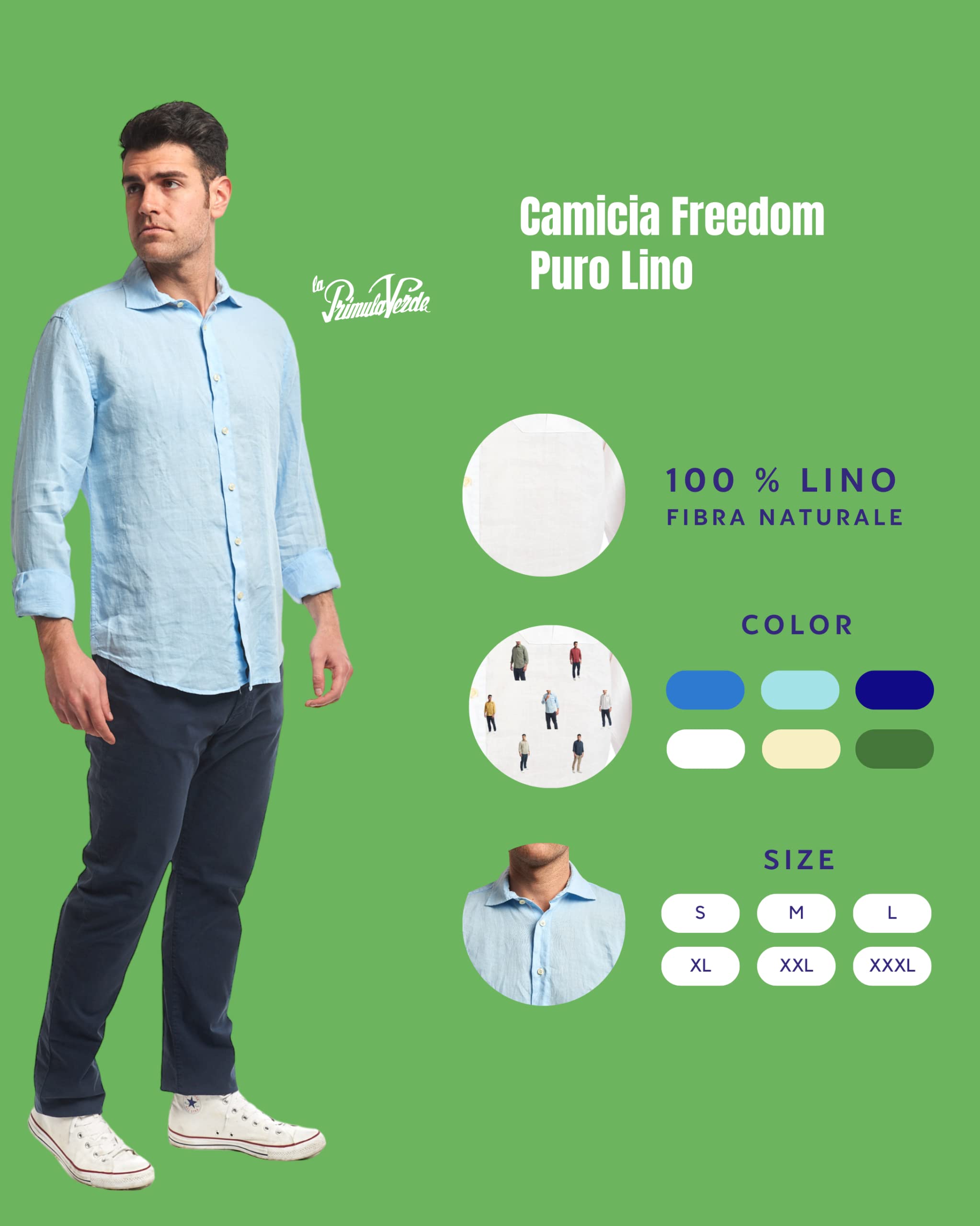 Camicia di Puro Lino Uomo, Collo Classico, Manica Lunga, Abbigliamento Uomo, Stagione Estiva, Bianco, Celeste, Avio, Beige, Blu, Verde dalla S alla XXXL