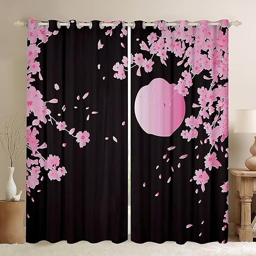 Feelyou Cortinas de ventana de estilo japonés con diseño de cerezo, cortinas de luna rosada para niños y adultos, cortinas de ventana de estilo