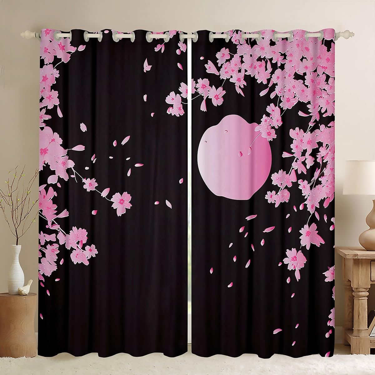 Feelyou Cherry Blossoms Window Treatments Japanese Style Window Drapes Pink Moon Flowers Curtain for Kids Adults Exotic Style Window Curtains Ultra Soft Black Room Decor (2 Panels, 52x90 Inch)