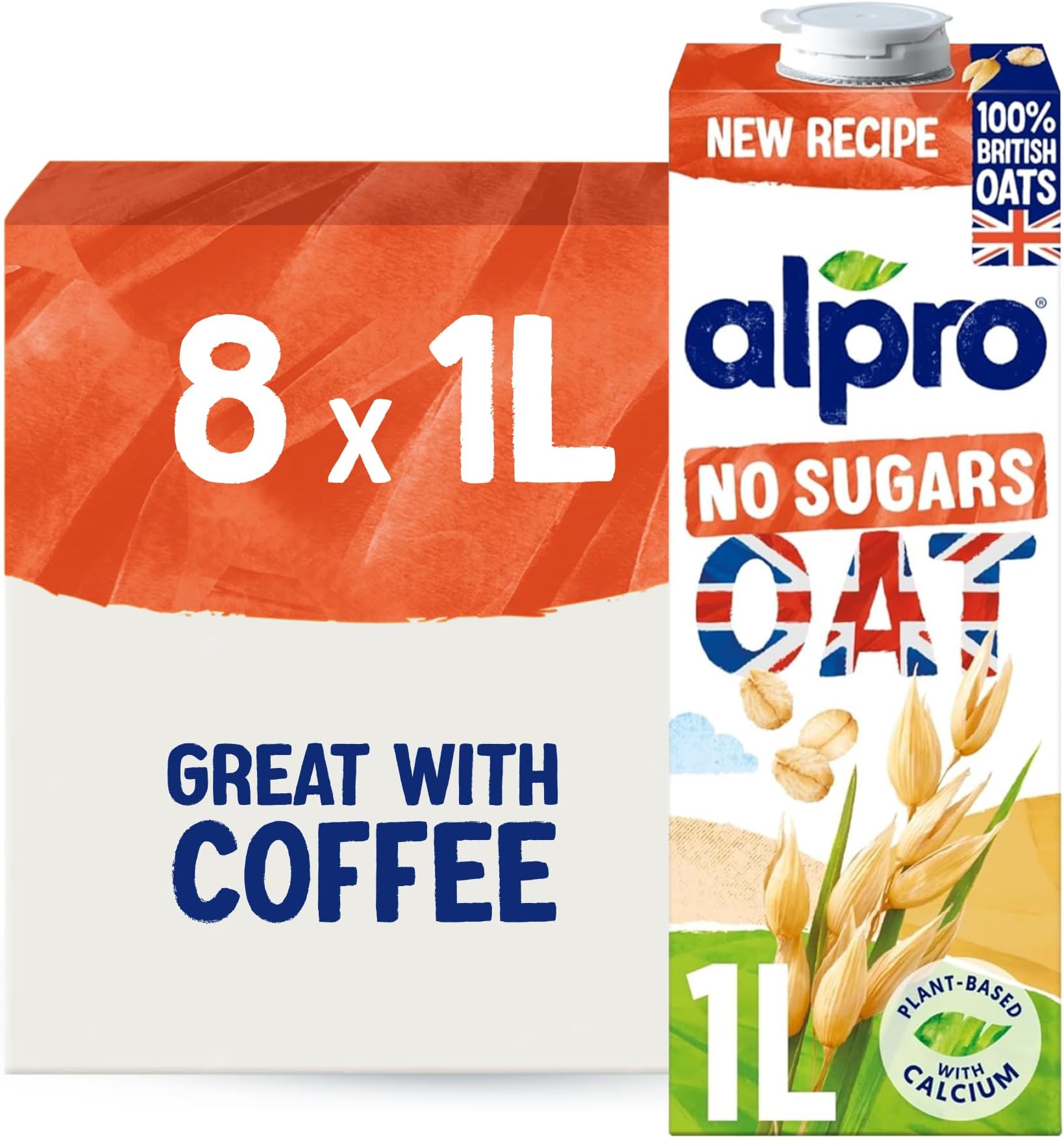 Oat No Sugars Plant-Based Long Life Drink - 100% Bitish Oats - Unsweetened - Vegan Dairy Free & Lactose Free Milk Alternative - 1L (Pack of 8)