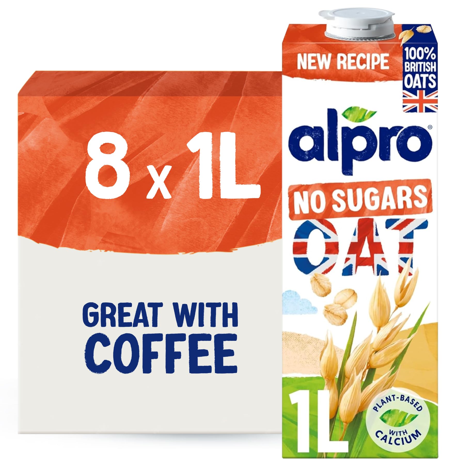 Alpro Oat Drink - No Sugars - 100% British Oats - Unsweetened Plant-Based Long Life Dairy Free & Lactose Free Milk Alternative - 1L (Pack of 8)