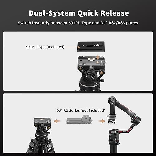 Miniatura 5 de Cayer Cabezal fluido de video K10 Pro con base plana de 2.953 in, arrastre panorámico ajustable y mango telescópico, cabezal fluido de trípode