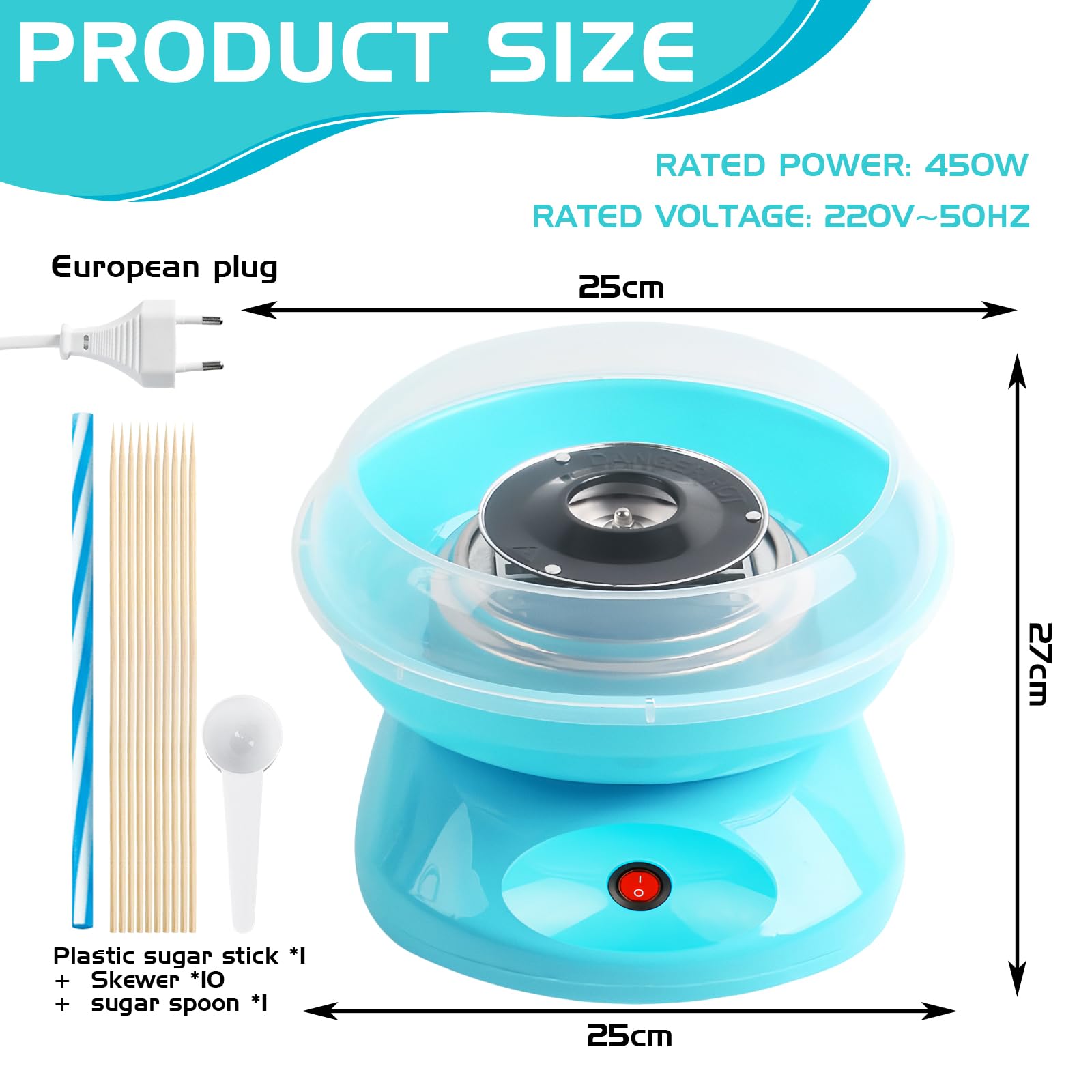 Maszyna do waty cukrowej, Retro Cotton Candy Machine 450 W, maszyna do waty cukrowej, maszyna do waty cukrowej, do domu, z miarką, pałeczki cukierków z tworzywa sztucznego, dziesięć patyczków