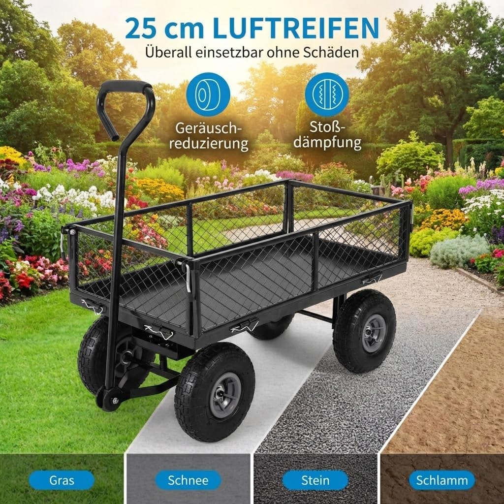 Chariot de jardin robuste - Charge maximale : 500 kg - Chariot utilitaire pliable avec côtés en maille amovibles et insert - Roues pneumatiques de 10" - Poignée de traction - Jardin, cour, agriculture