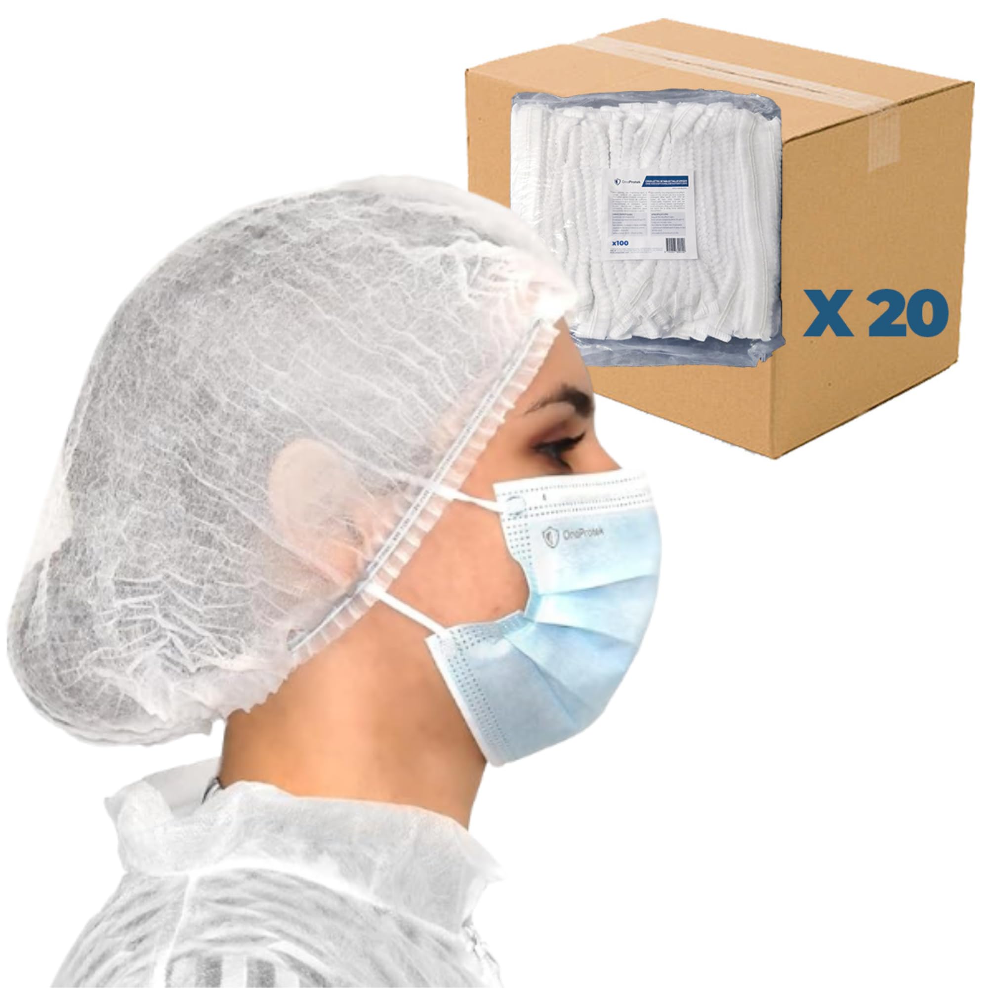 Juego de 20x 100 Gorros desechables no tejidos, doble elásticos y antipolvo, OneProtek - Gorro desechable 53 cm para el cabello, para médicos, servicio de comida, dentistas, laboratorios - Blanco