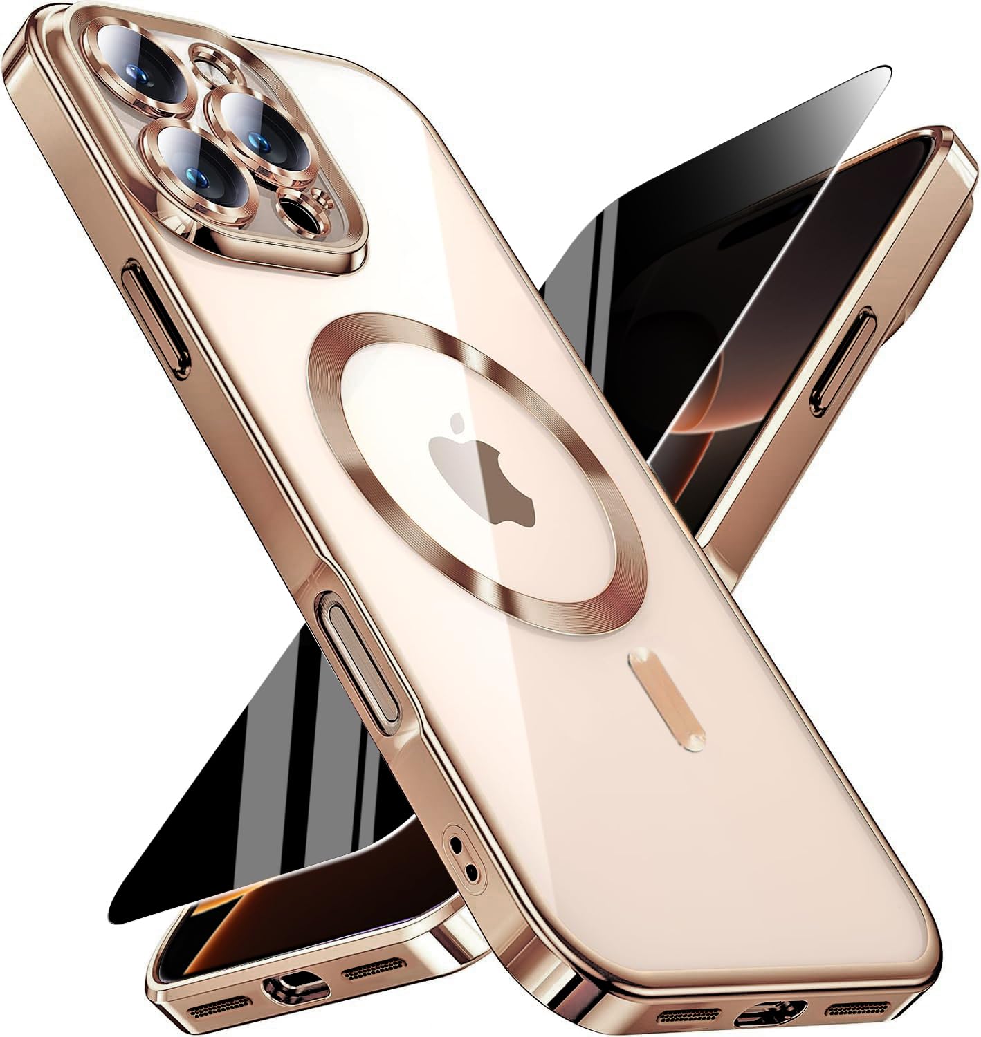 Magnetic for iPhone 16 Pro Max Case with Privacy Screen Protector &amp; Full Camera Cover,[Non-Yellowing] Plating Glossy Soft Shockproof Clear Phone Case with MagSafe Women Girls for 16 ProMax,Desert