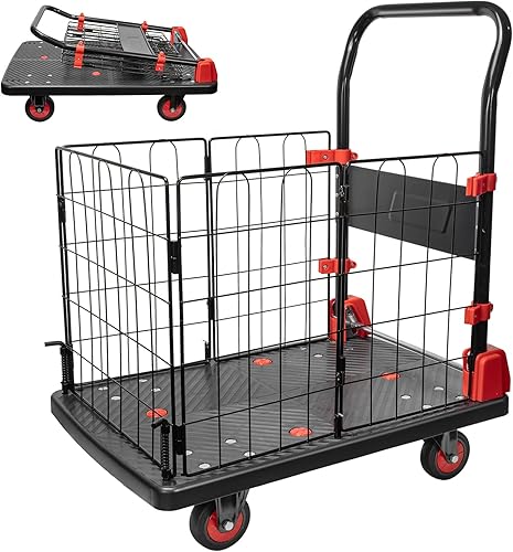 Carrito de plataforma con jaula, carrito de plataforma resistente de 880 libras de capacidad, carrito plegable de plataforma con ruedas giratorias