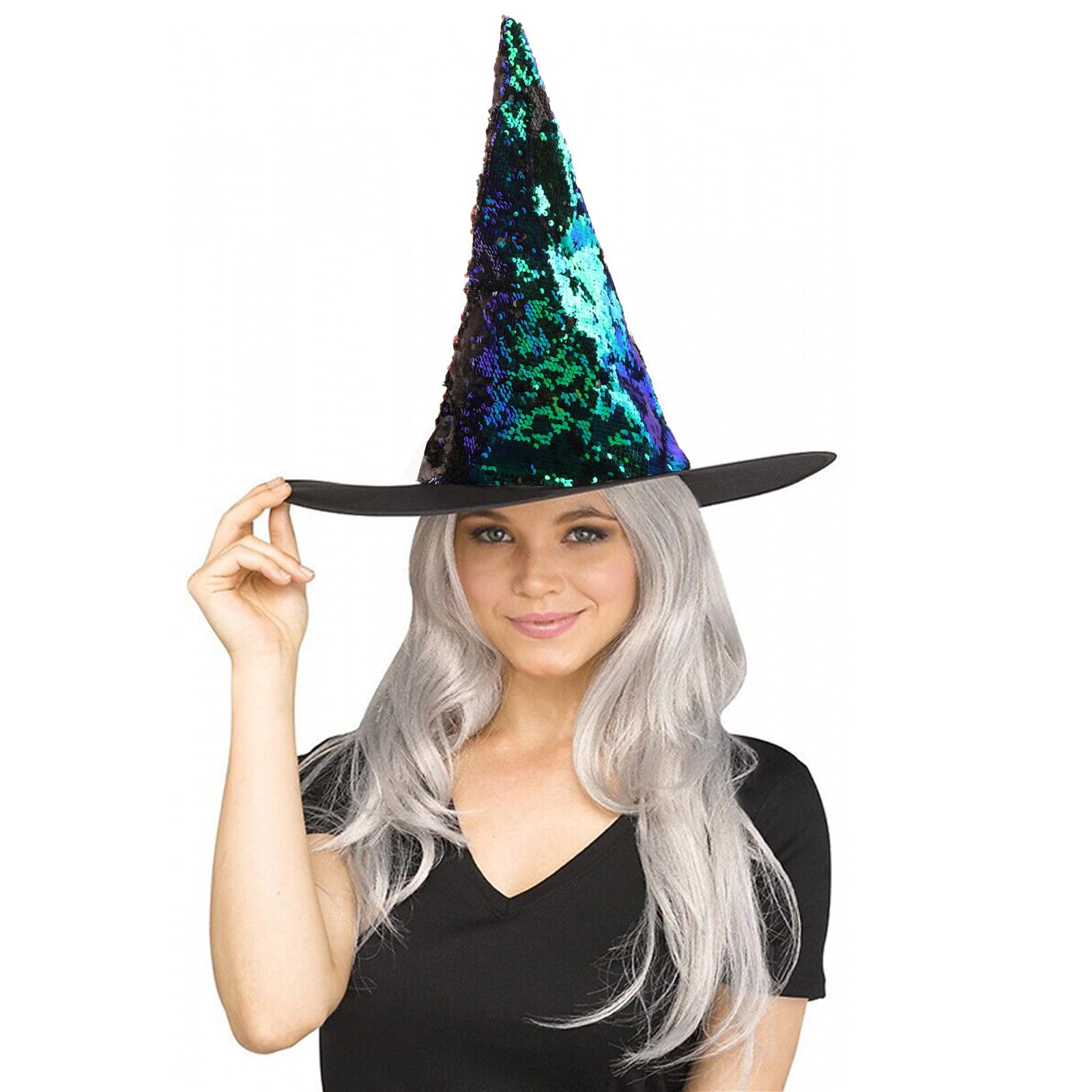 ukfisy Witch Hat,Sequin Witches Hat for Women and Adults,Reversible Sequins,Adult Costume Party Accessory,Suitable for Halloween Christmas Carnival Cosplay (Green)