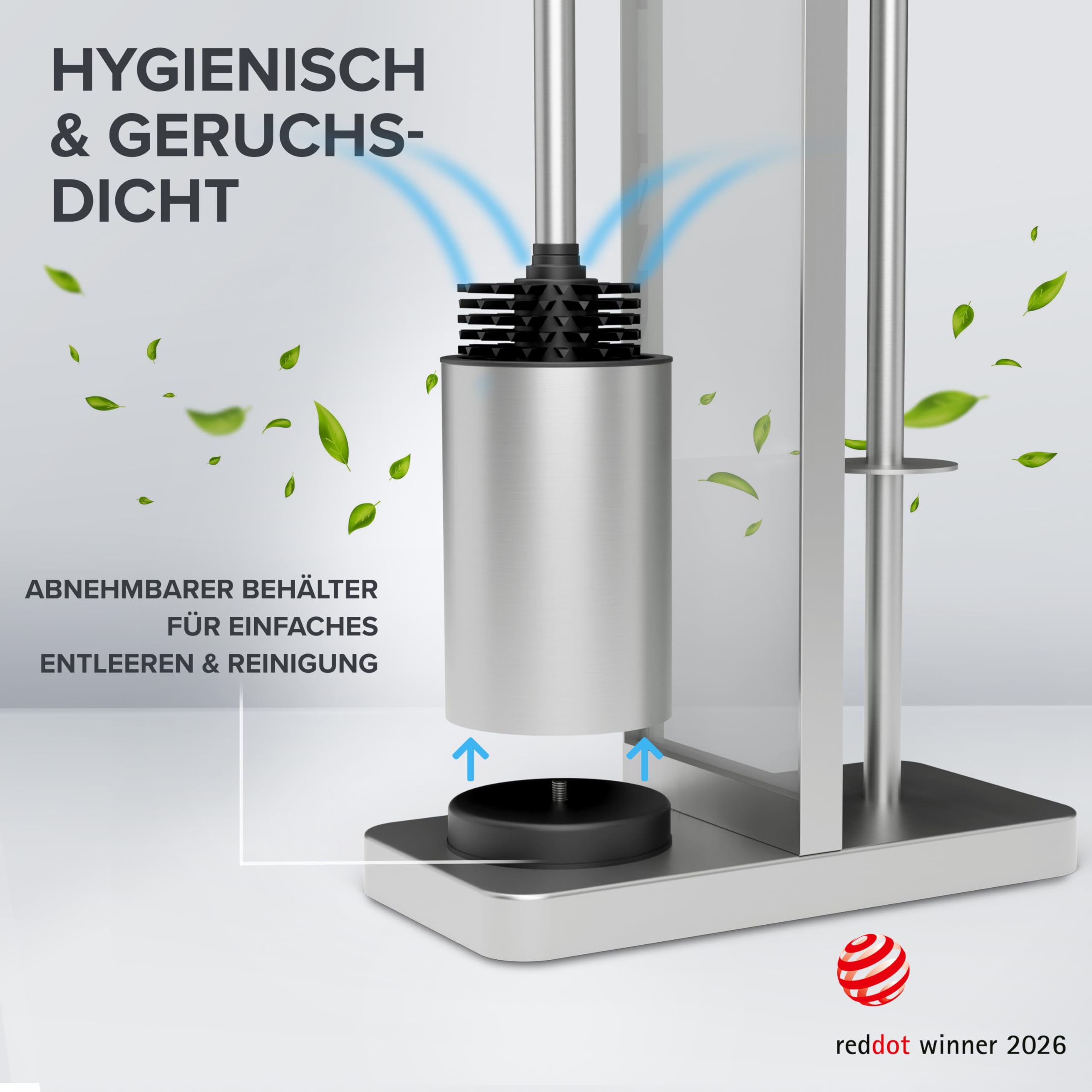 ovimar 4-in-1 Stand WC-Garnitur Tuapaat in Silber | WC Bürstengarnitur mit Silikonbürstenkopf, WC Rollenhalter, Ersatzrollenhalter und Smartphone Ablage | platzsparend | Badezimmer Organizer Edelstahl