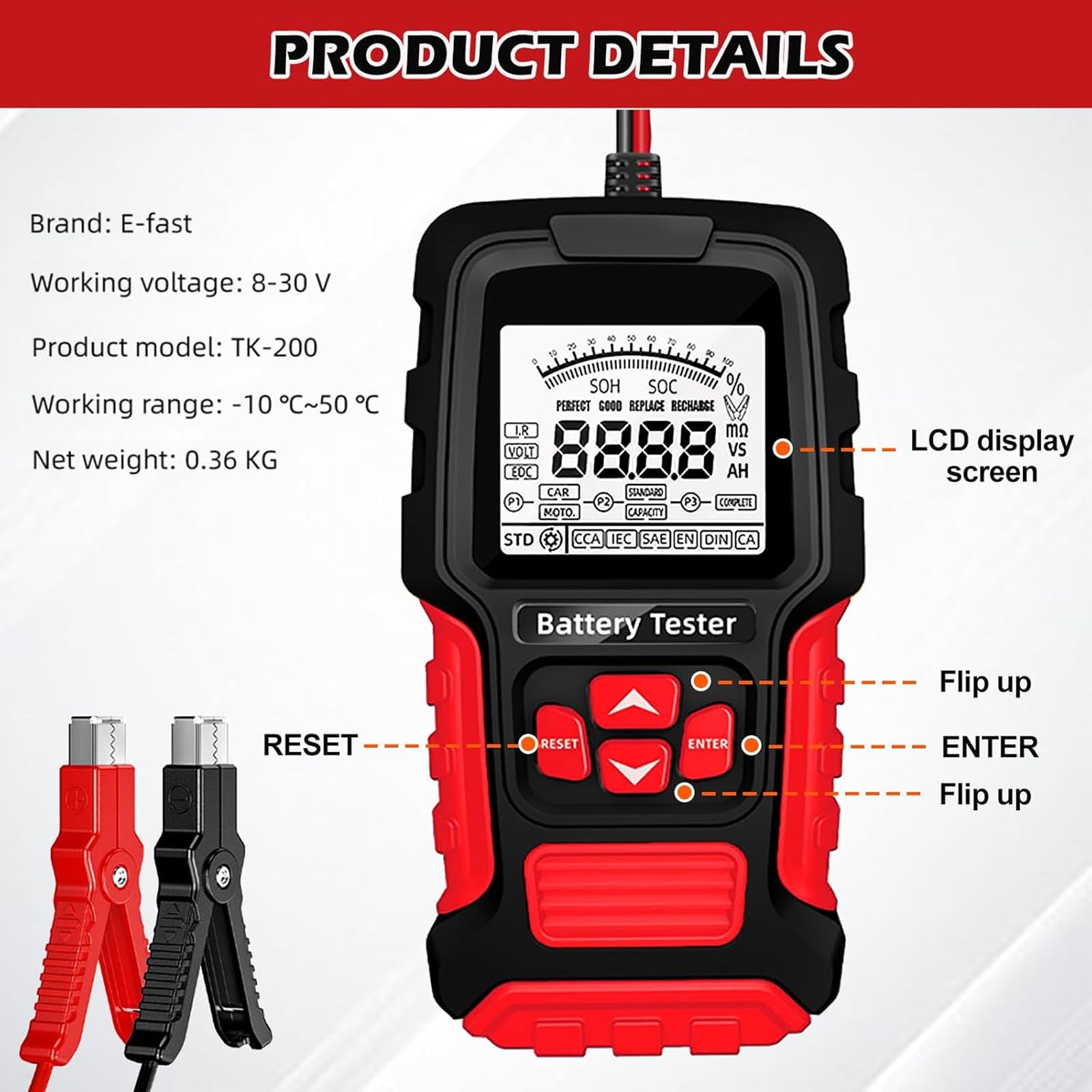 Testeur de batterie de voiture, 12 V/24 V, testeur de batterie de voiture, testeur de batterie de voiture 200-2000 CCA Testeur d'alternateur de voiture, analyseur numérique avec écran LCD pour voiture