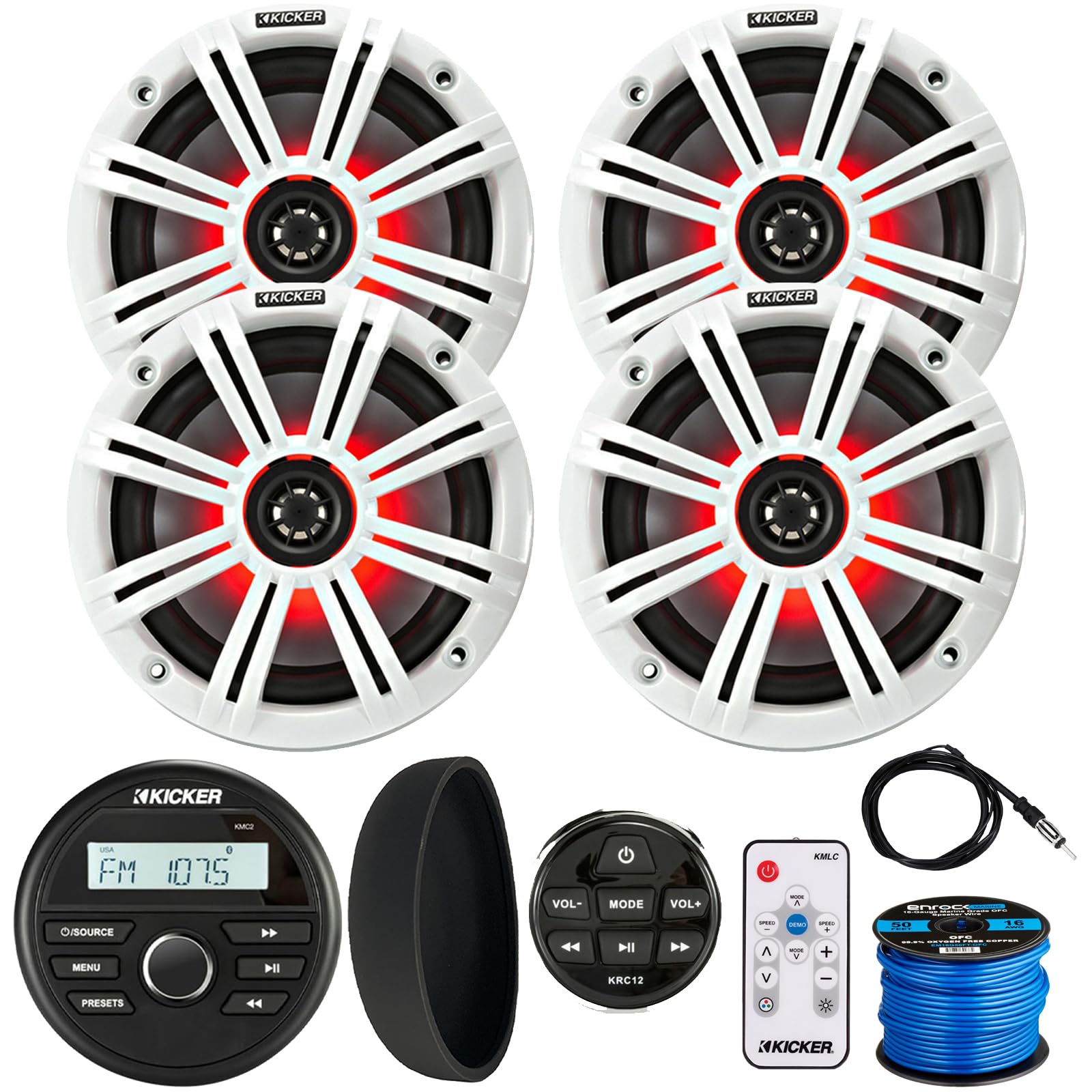 KICKER 46KMC2 Marine Bluetooth All-Weather AM/FM USB/AUX Gauge Style Media Center Receiver W/Black Cover & Remote Control, 4X 6.5 195W Max RGB LED Speaker W/White Grille, Controller, Antenna, Wire