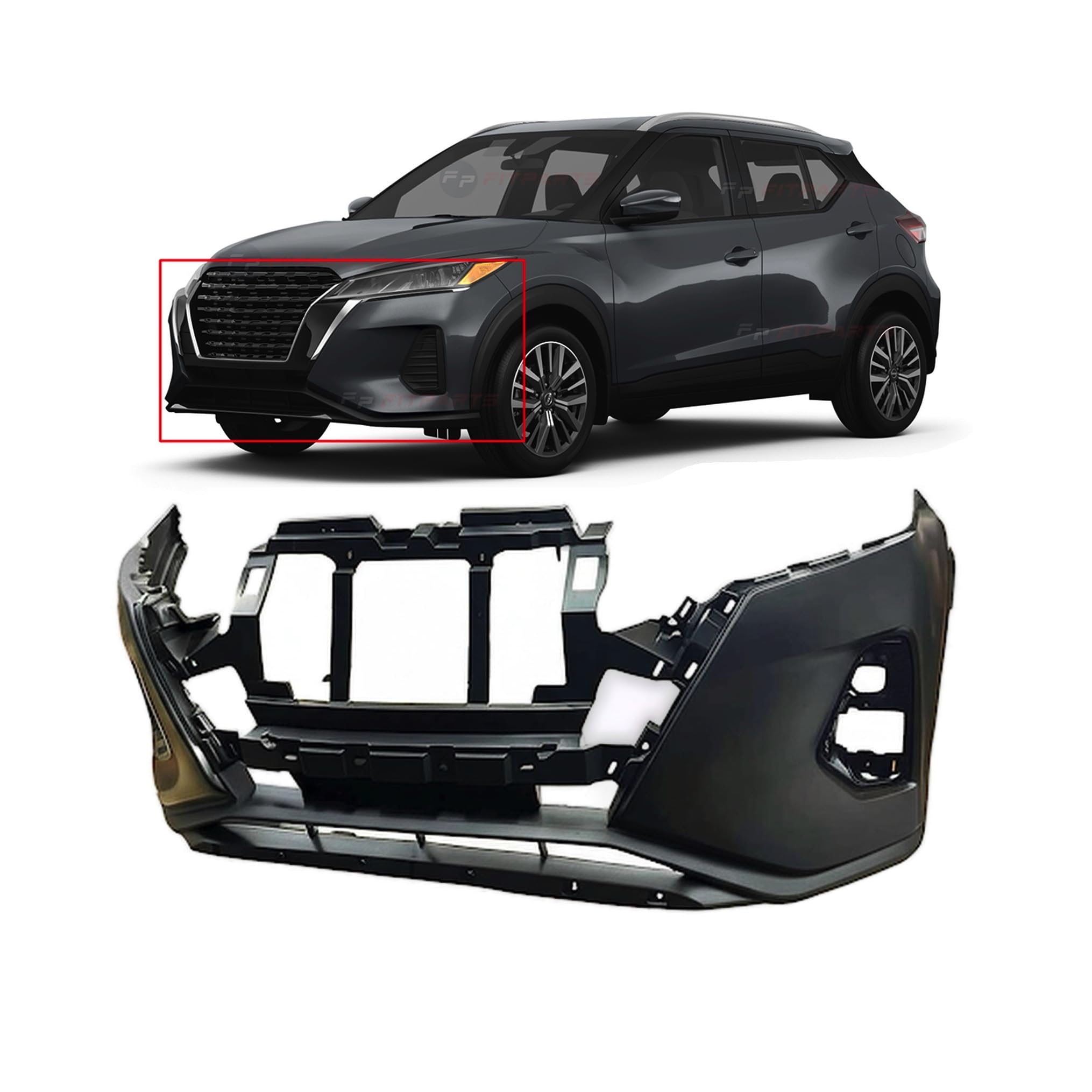 PENSUN Front Bumper Cover Kit For Nissan Kicks 2018-2020 - Includes Grill, Fog Light Covers & Tow Hook Cover (5pc, Black Primed)