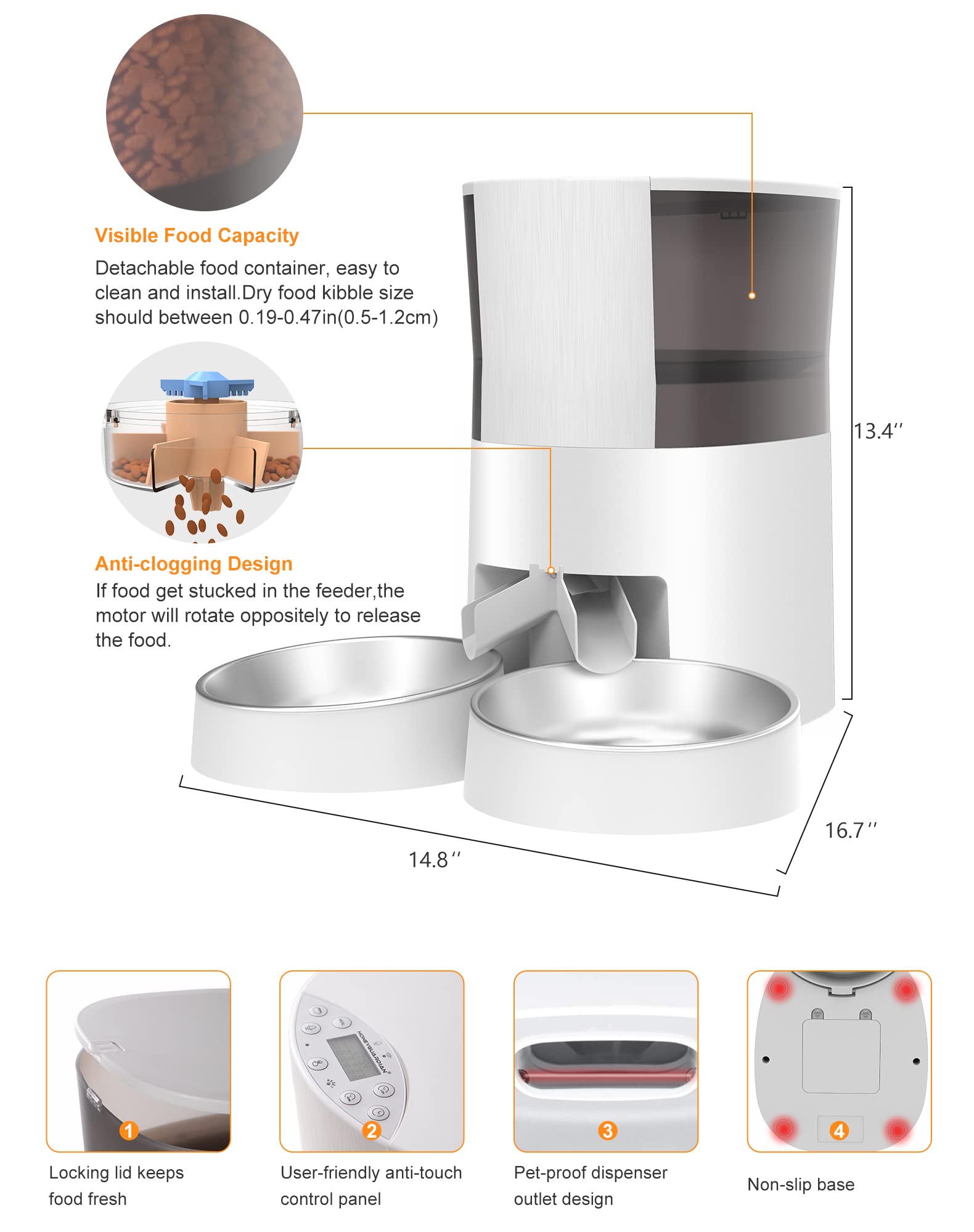 Distributore Automatico Cibo Per Gatti WiFi HoneyGuaridan - Serbatoio 6L, Doppia Ciotola, Timer, Controllo App, Essiccante Inclusa