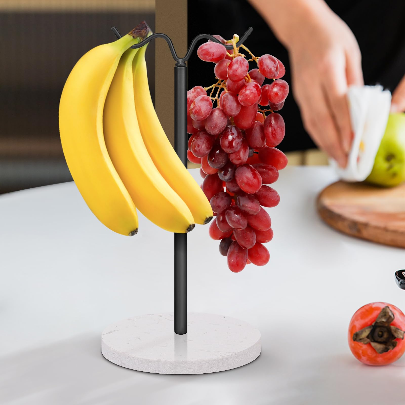 Doppelhaken Stehender Bananenhalter mit Marmorsockel, Bananenaufhänger Baumständer Haken für Küchenarbeitsplatte, stabile und ausgewogene Obstregale mit Aufbewahrung auf beiden Seiten (Schwarz