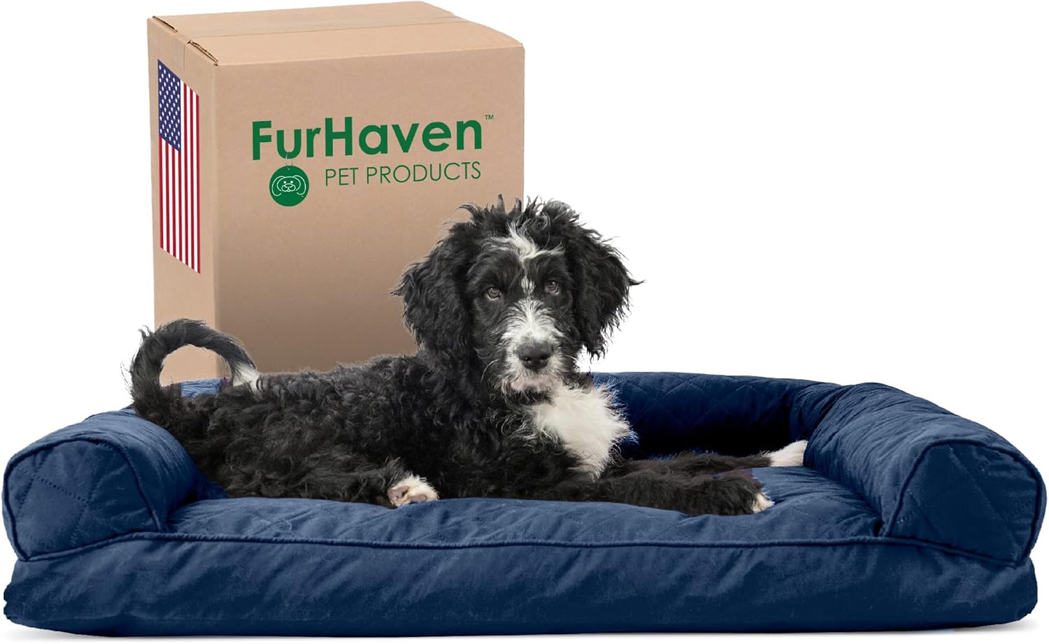 Furhaven Pillow Dog Bed for Large/Medium Dogs w/ Removable Bolsters & Washable Cover - Quilted Sofa - Navy (Blue), Large