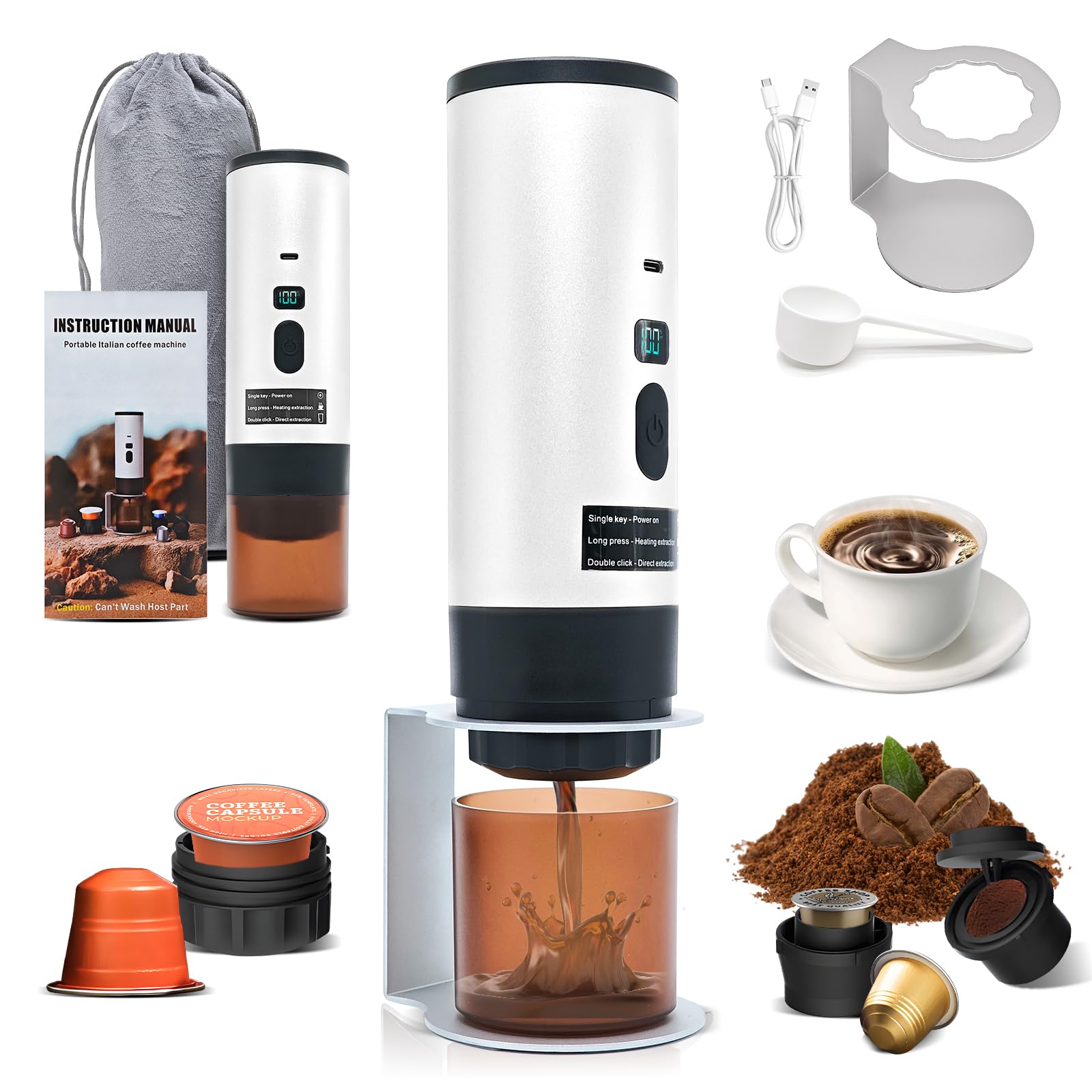 RoserRose Máquina de Café Portátil, Cafetera Capsulas - Inalámbrica y Auto-Calentadora - Con Batería 7800mAh, Función de Carga USB-C y Presión de 20 Bar - Compatible con NS/DG/Café Molido (Blanco)