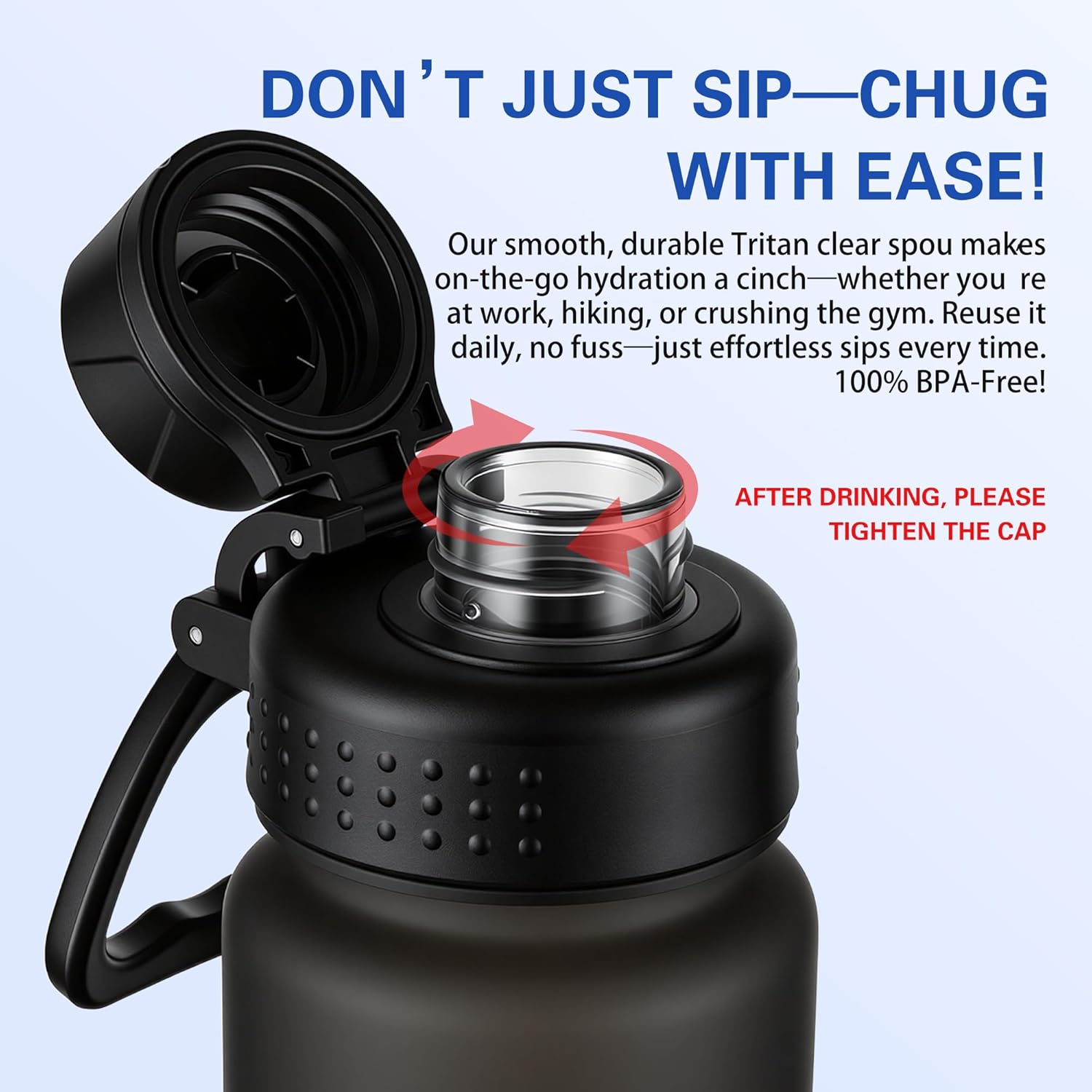 OLDLEY 32oz Frosted Clear Water Bottle, BPA-Free Tritan Plastic Reusable Water Bottle with Fast-Flow Spout Lid, Wide Mouth Leakproof Sports Drinking Bottle for Gym, School, Office, Travel,Black - Image 4