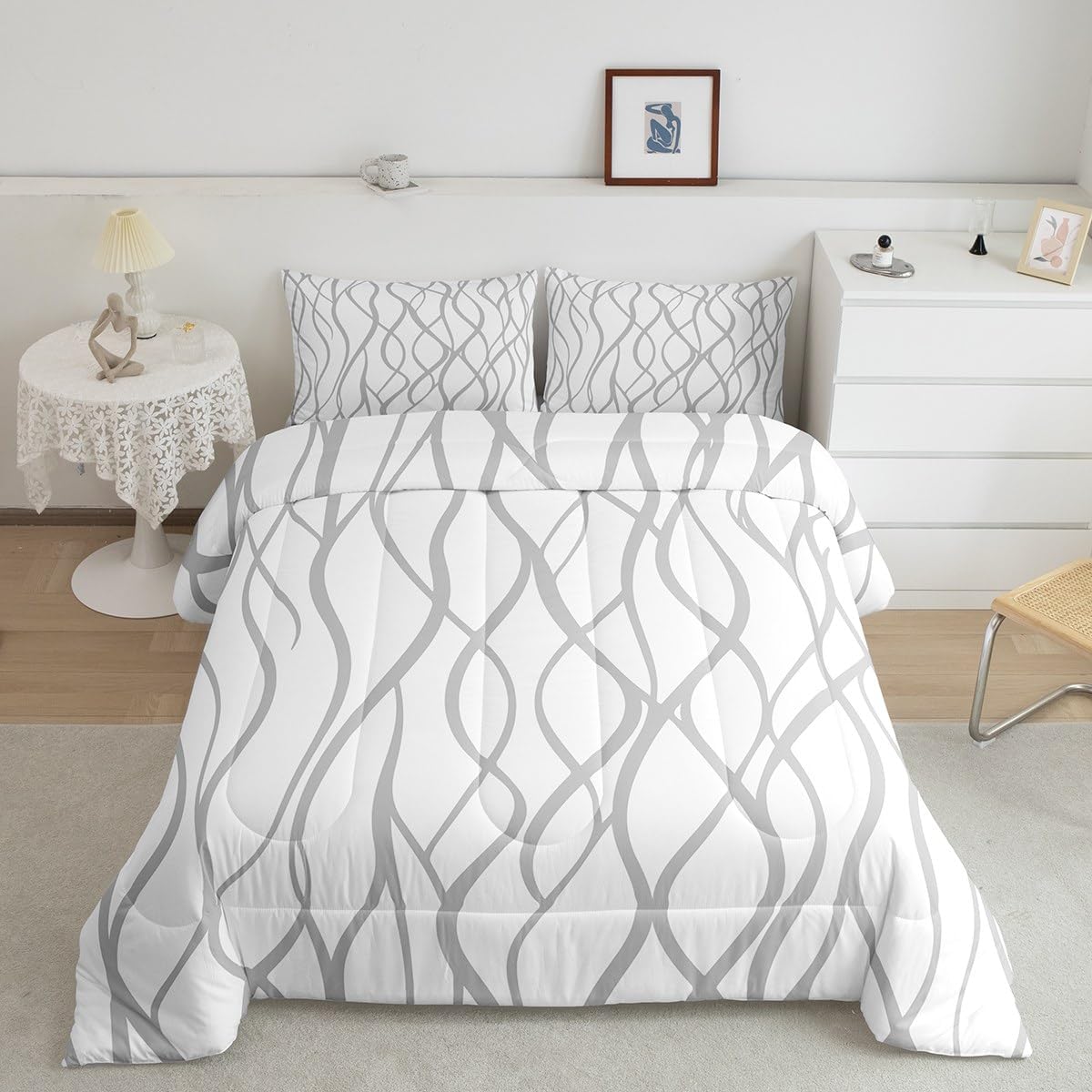 Erosebridal Gray White Comforter Set Queen,Modern Abstract Geometric Bedding for Kids Teens Adults,Aesthetic Striped Down Comforter,Neutral Lines Hotel Style Bedding Comforter Sets,Gray White