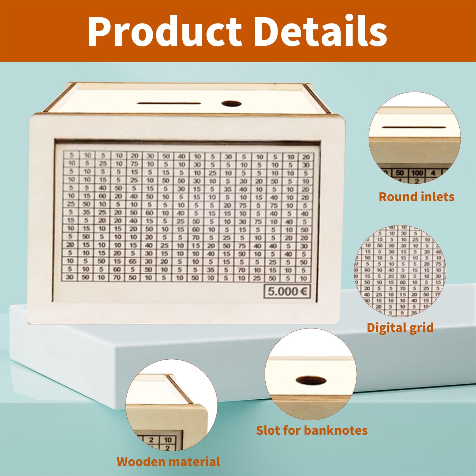 Salvadanaio Legno Con Obiettivo 1000€ - Con Numeri Da Spuntare E Contatore | Risparmio Divertente - Foto 9