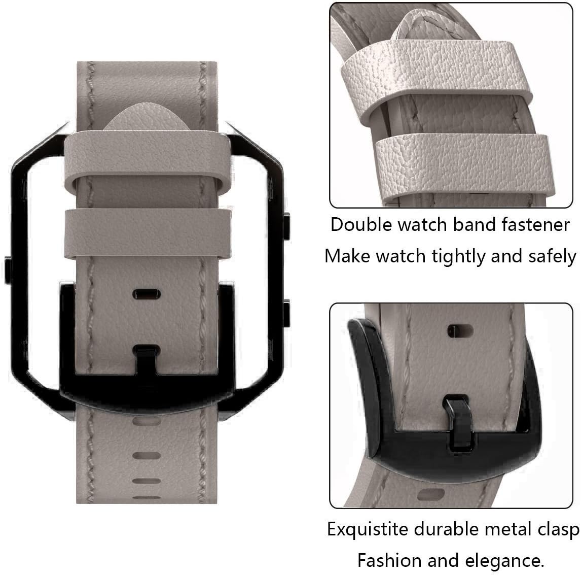 Andyou for Fitbit Blaze Bands Leather with Frame Small Large (5"-8.2"), Genuine Leather Replacement Band with Silver/Rose Gold/Black Metal Frame for Fitbit Blaze Women Men, Black, Brown, White, Gray.