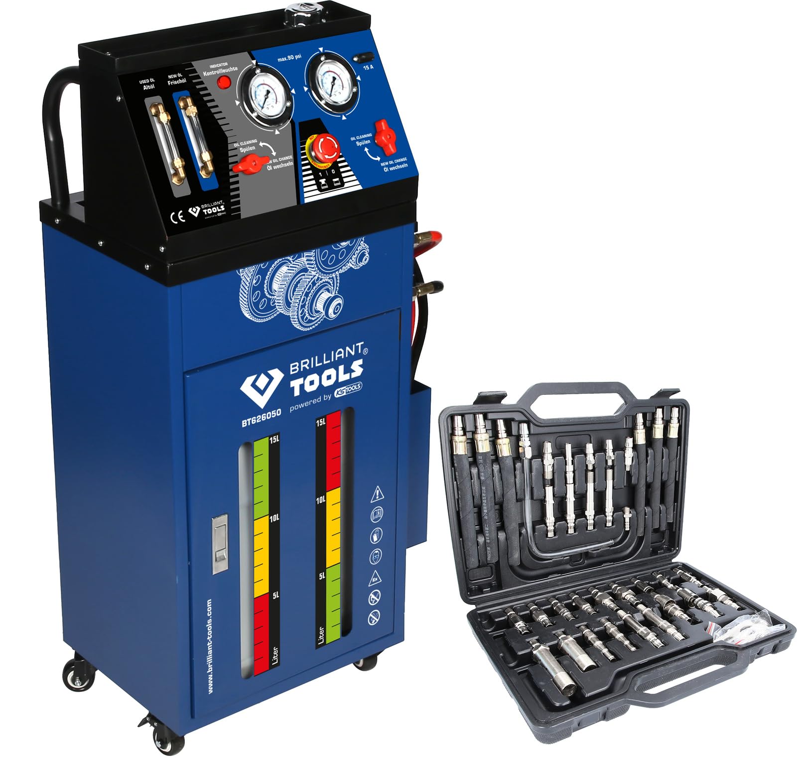BRILLIANT TOOLS BT626050 Aparato de lavado de cajas de cambios, para cajas de cambios automáticas, con juego de adaptadores de 35 pzs [Powered by KS TOOLS]