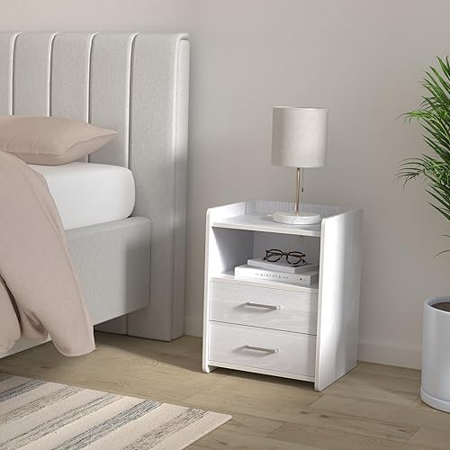 Miniatura 2 de Mesita de noche con estación de carga y tira de luz LED, mesitas de noche con 2 cajones, mesa auxiliar para dormitorio, mesitas de noche LED blancas