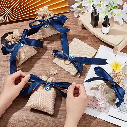 Miniatura 3 de NBEADS 10 bolsas de regalo de linenette, 5.7 x 3.9 pulgadas (5.7 x 3.9 in), bolsas de arpillera con cordón, bolsa de joyería de lino con lazo azul y