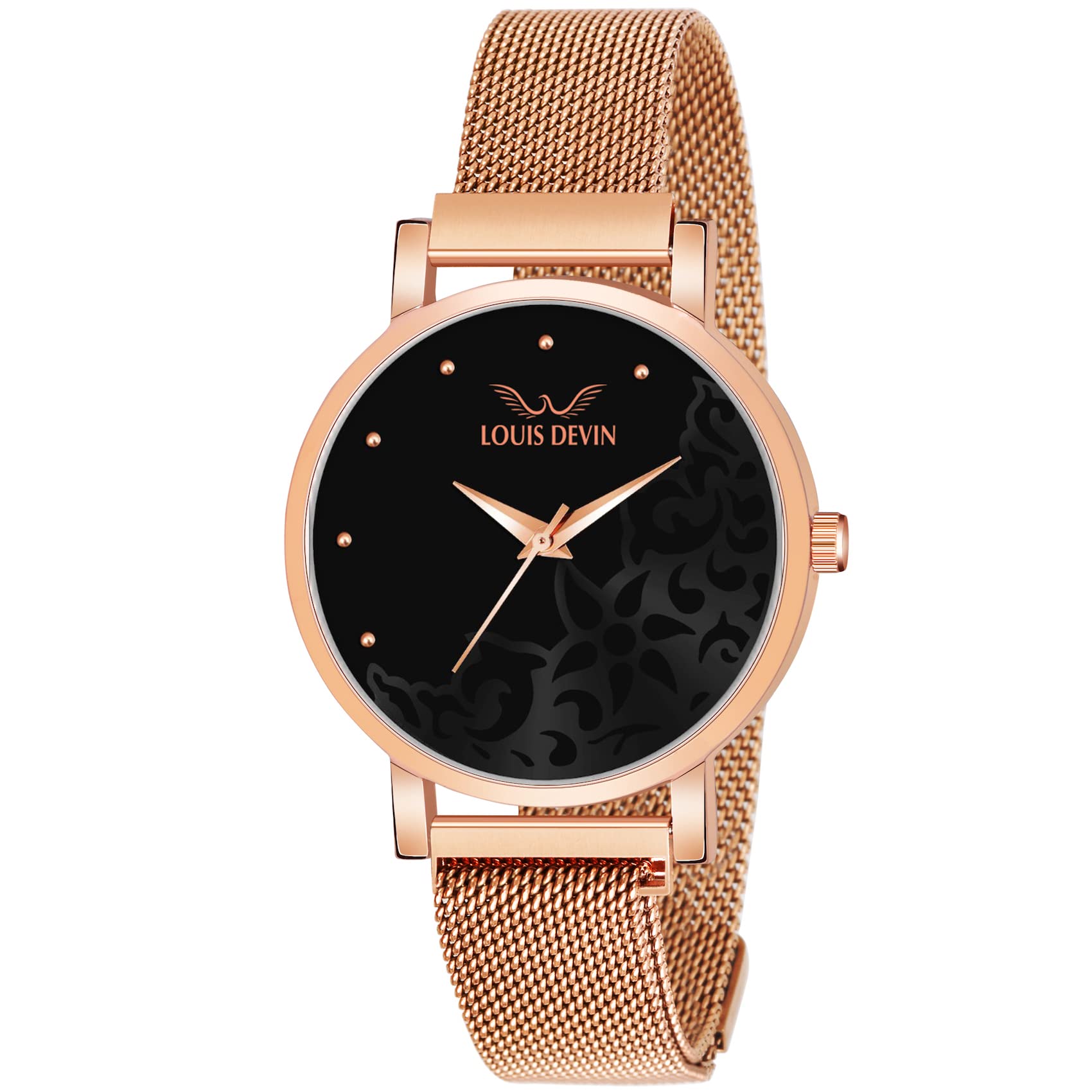 LOUIS DEVIN Brass Rose Gold Plated Chain Analog Wrist Watch For Women (Black Dial) | Ld-Rg154-Blk, Rose Gold Band