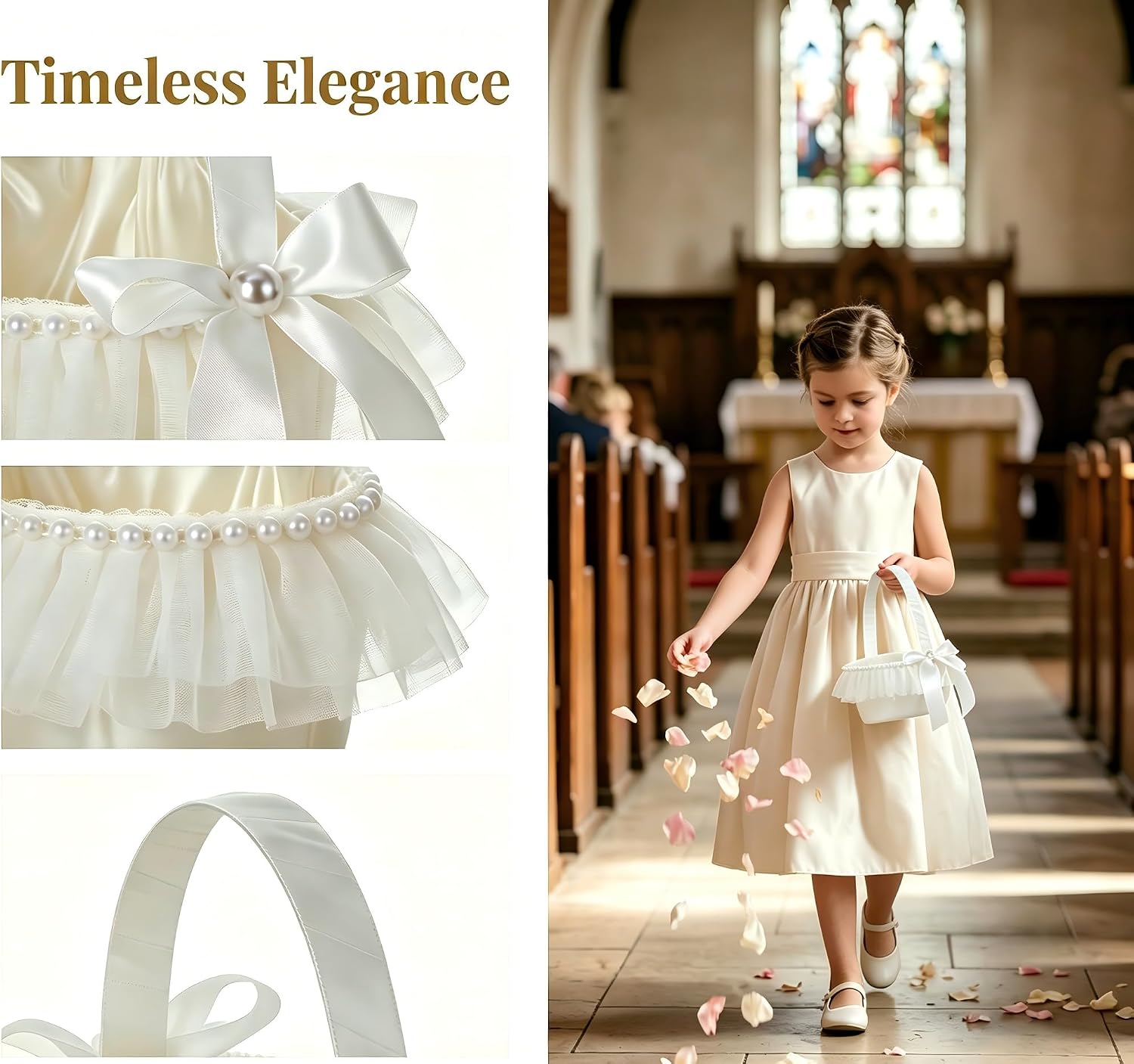 Wedding Ivory Heart Flower Girl Basket with Cute Pearl Handle Bowknot Satin Flower Baskets for Wedding Ceremony Flower Girl Basket