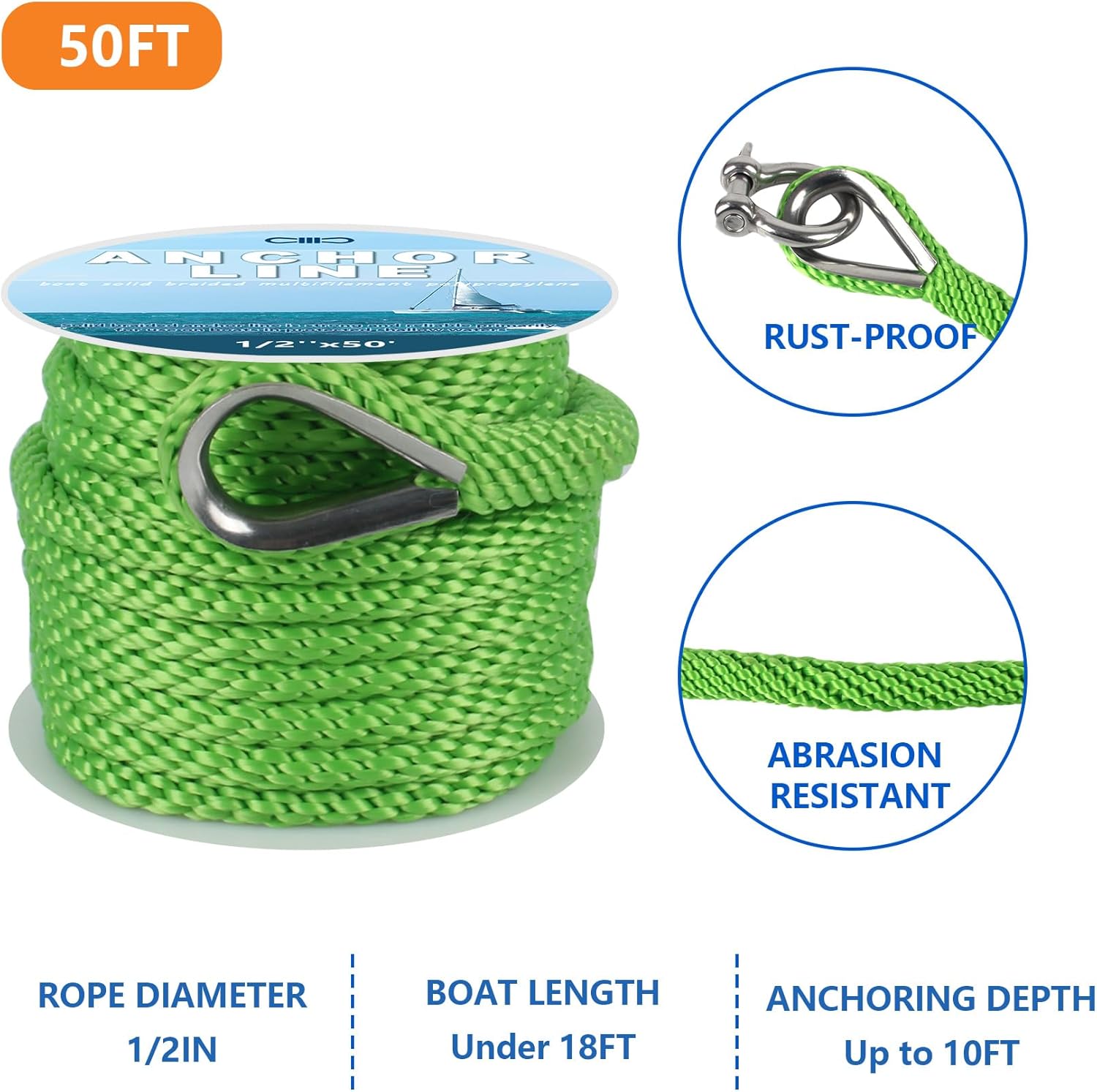Anchor Rope 50 Ft x 1/2 Inch Premium Solid Braid MFP Anchor Line with 316 Stainless Steel Thimble and Heavy Duty Shackle Marine Boat Rope - Light Green