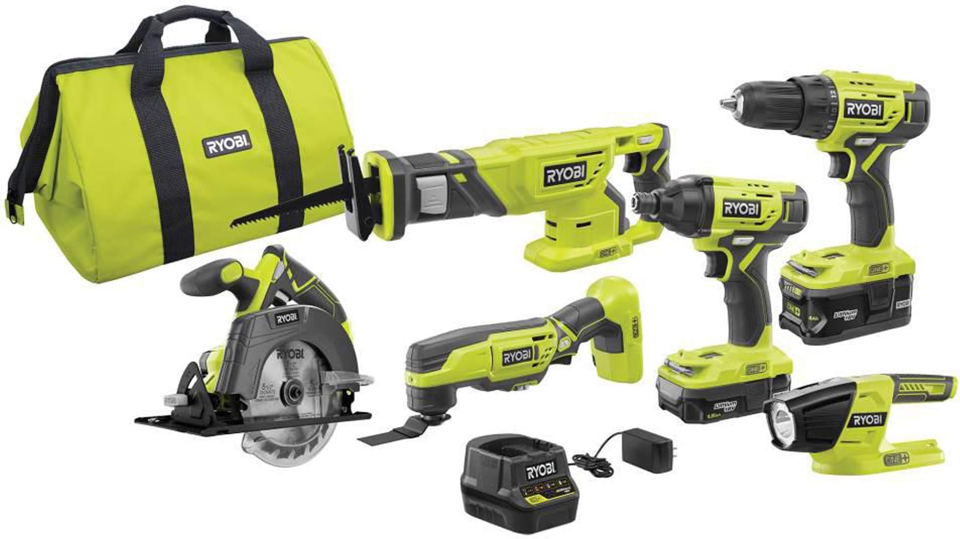 P1819 18V One+ Lithium Ion Combo Kit (6 Tools: Drill/Driver, Impact Driver, Reciprocating Saw, Circular Saw, Multi-Tool, LED Worklight, 4.0 Ah & 1.5 Ah Battery, Charger, Bag)