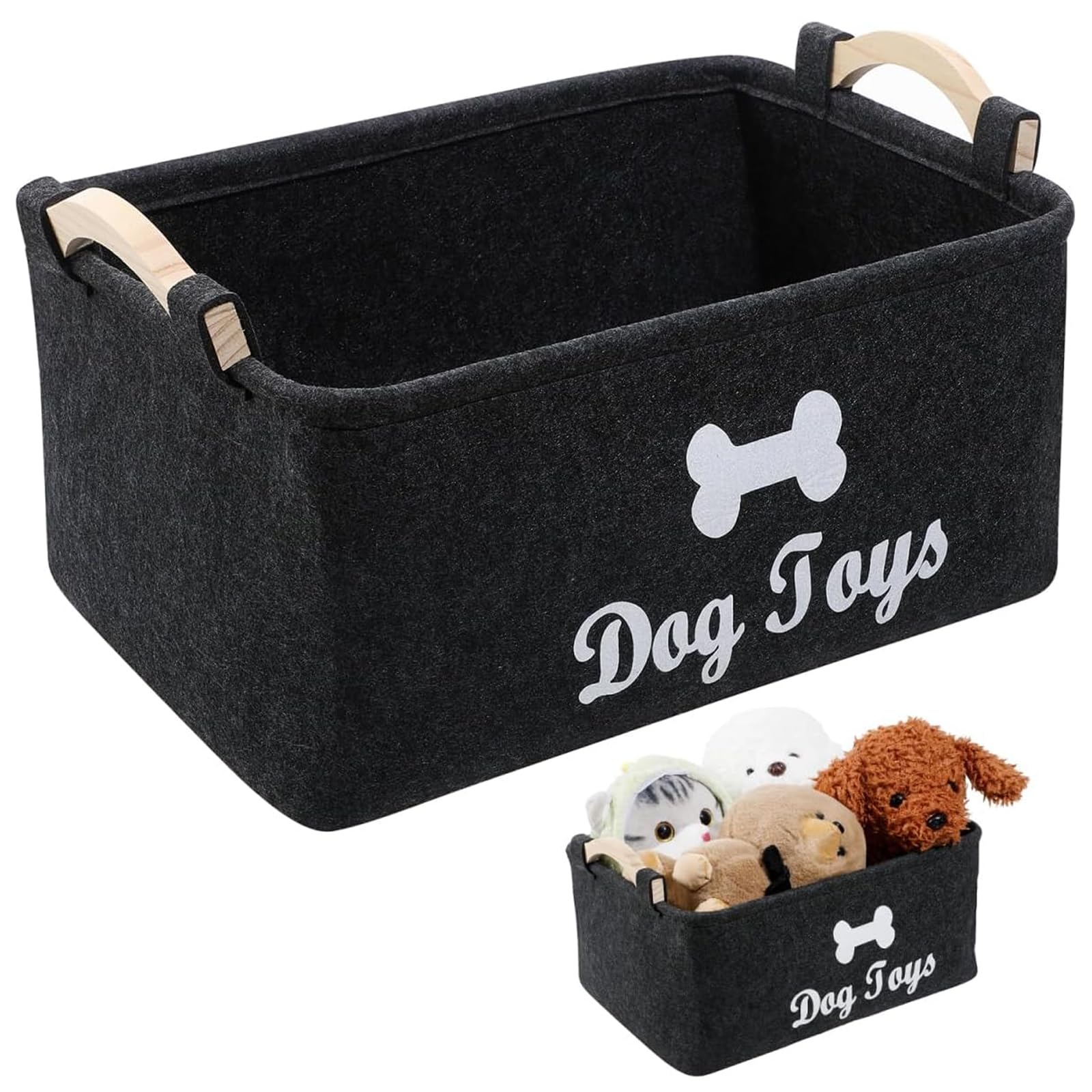 Cesta de Fieltro, Caja de Juguetes para Perros con Mango Madera, Cesta de Almacenamiento Juguete para Perros Versátil, Organizar Comida, Juguetes Accesorios Mascotas