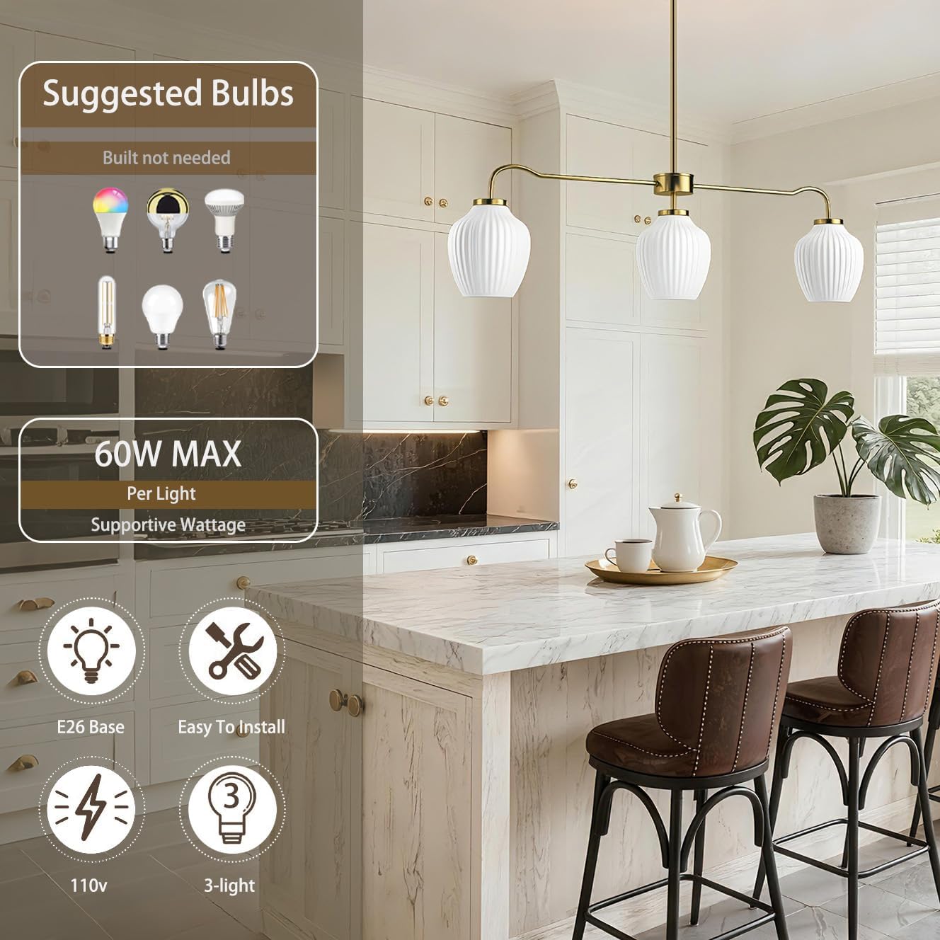 Maxax 36" Modern Gold Chandelier, 3-Light Linear Pendant Light with Ribbed White Glass Shades, Mid Century Brass Hanging Light Fixture for Kitchen Island, Dining Room, Living Room, Bedroom
